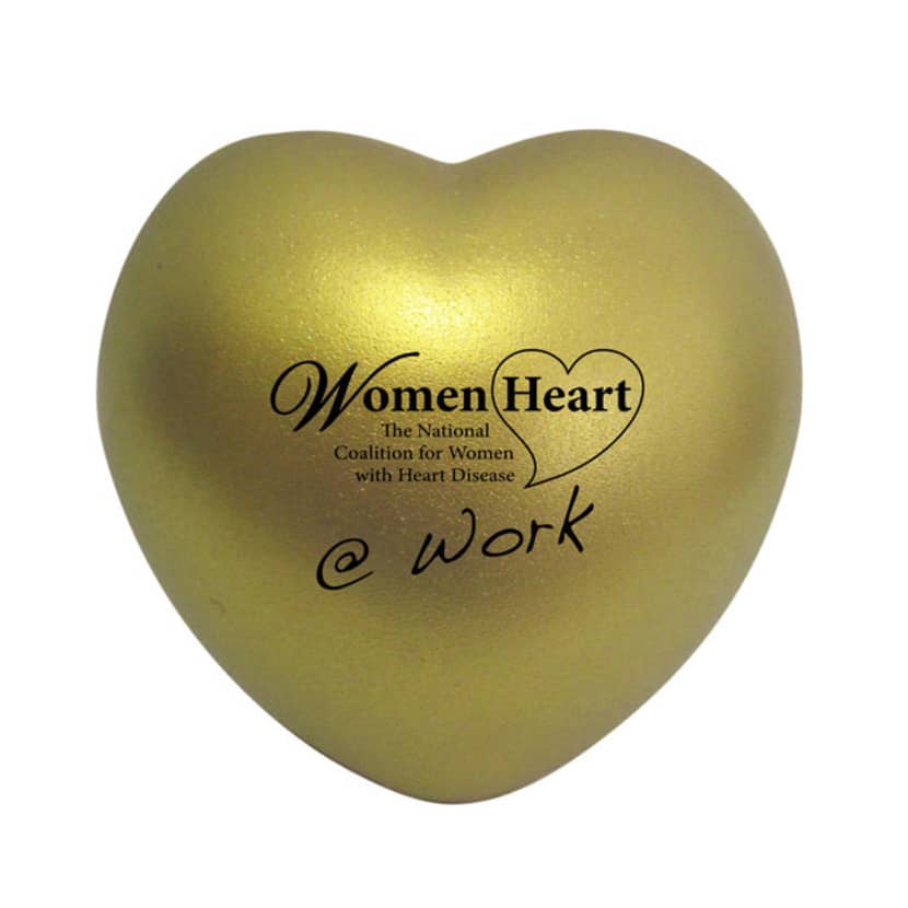 A gold heart-shaped stress reliever with a logo and text on the surface.