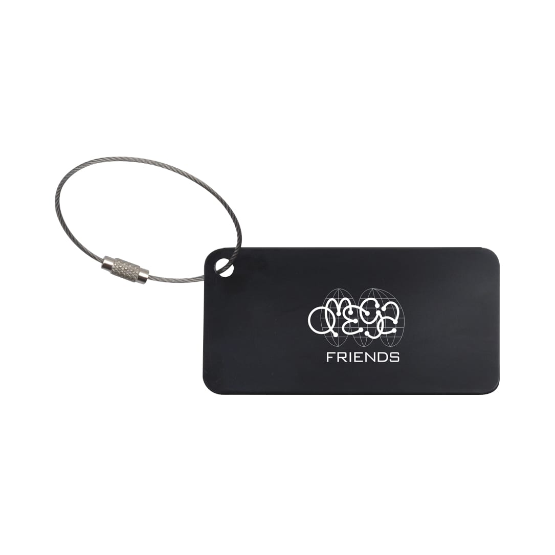 A square aluminium luggage tag in black with a silver metal attachment and a logo.