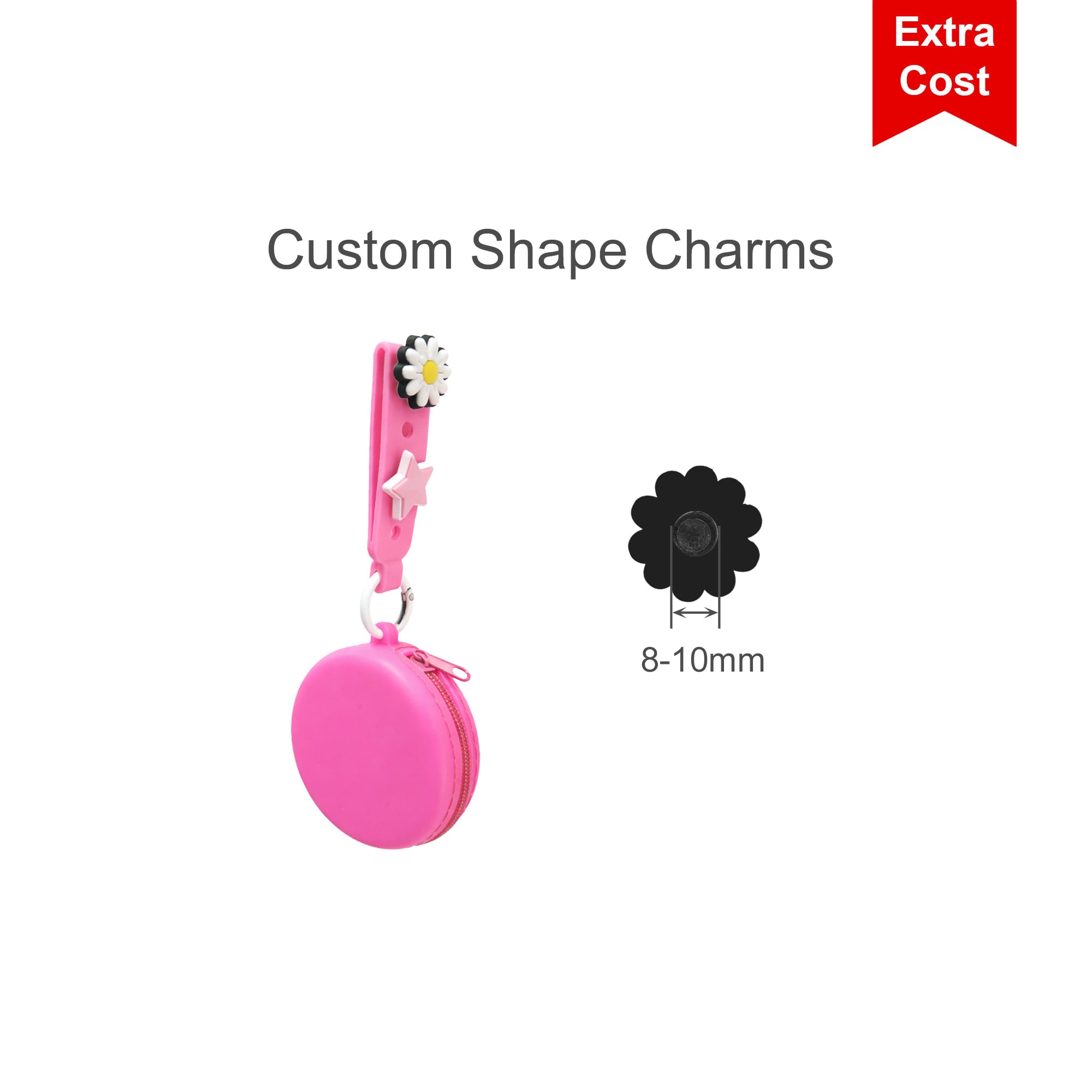 A silicone pouch in pink with a decorative strap featuring custom shape charms and a logo.