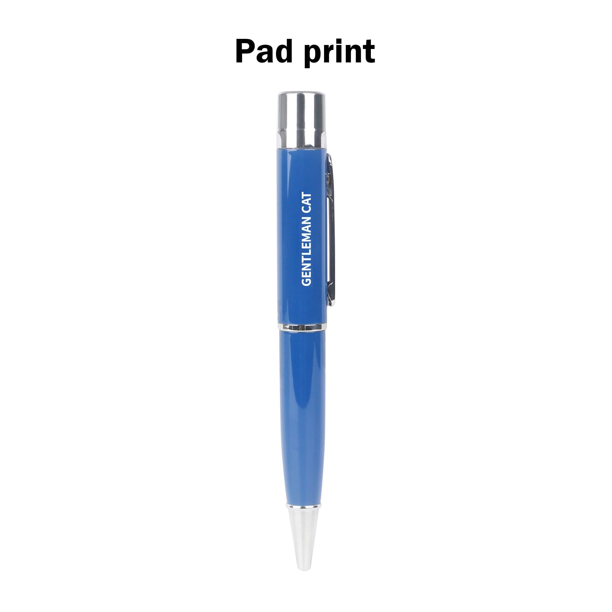 A blue metal pen with a silver clip and a small logo printed on its side.