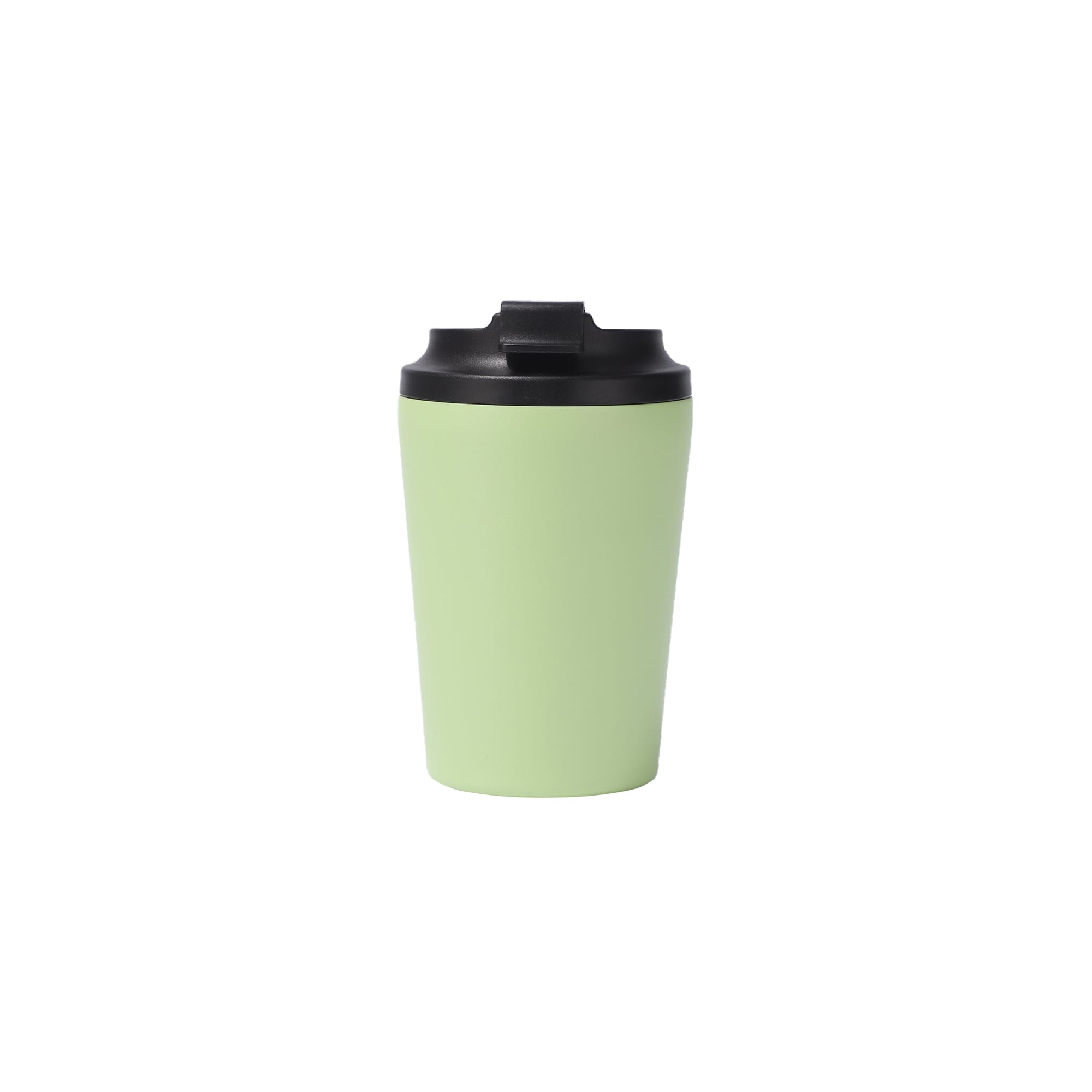 A powder-coated stainless steel coffee mug in a light green colour with a black lid and logo.