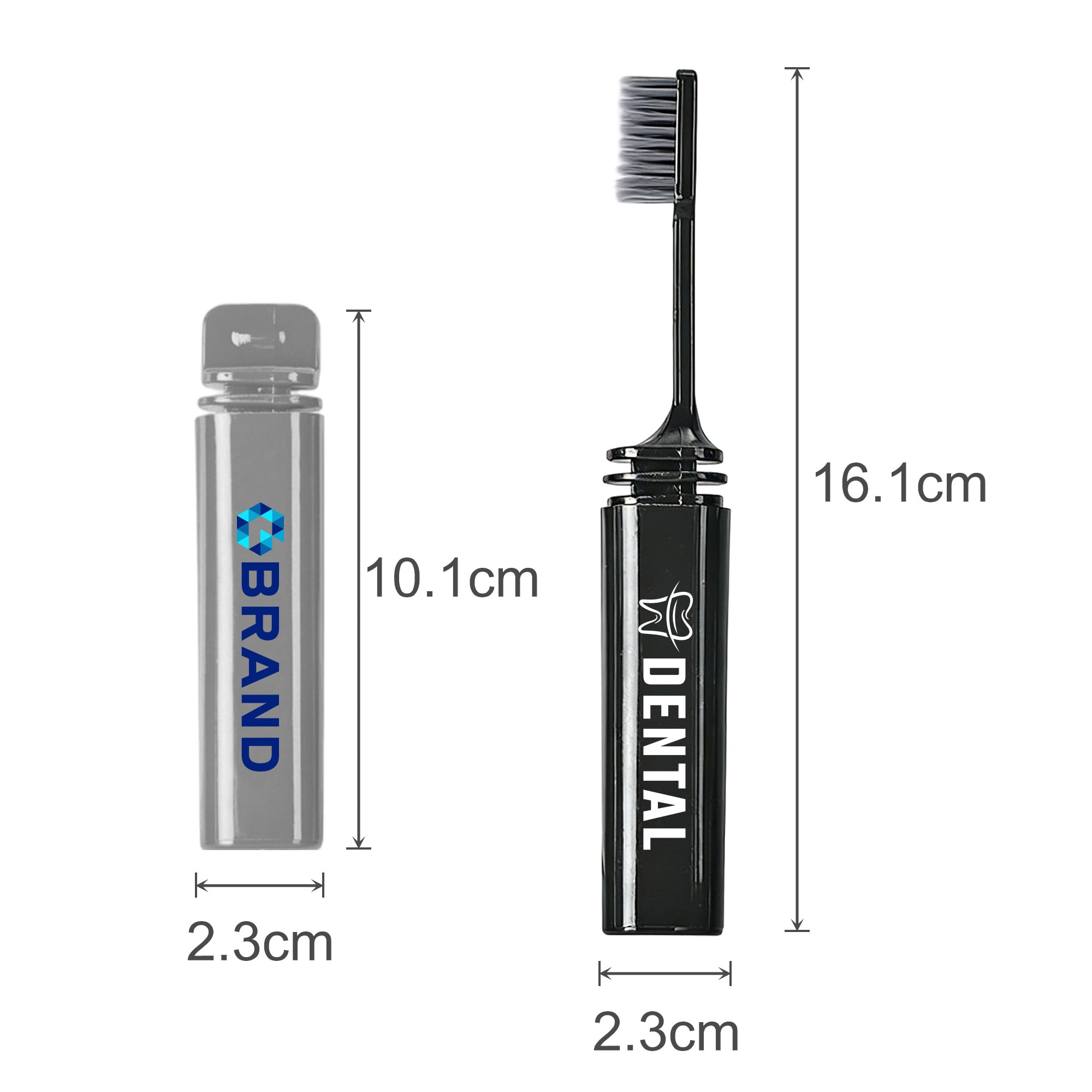 A foldable toothbrush in black with a grey case beside it, both showing dimensions for reference.