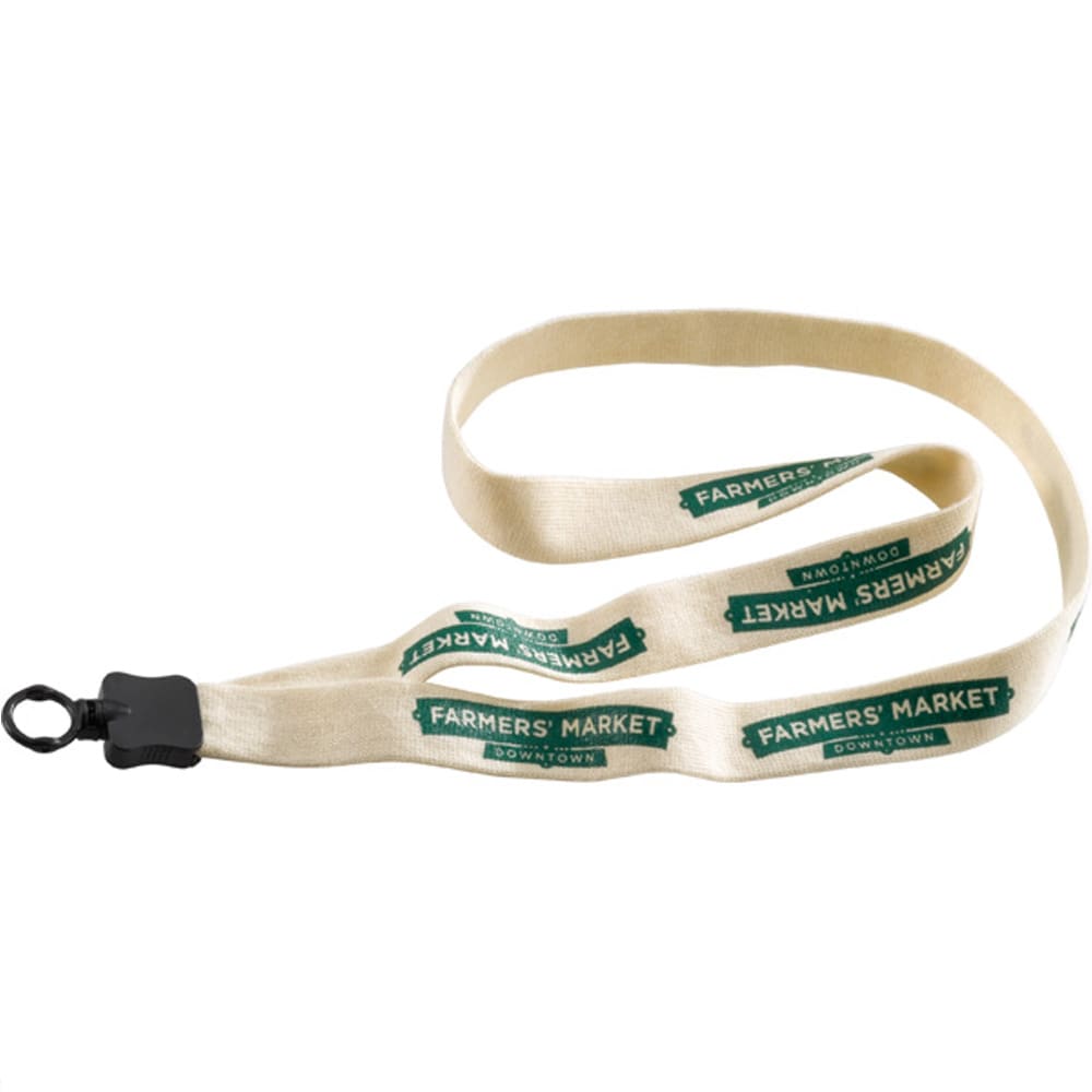 A cotton lanyard in natural colour with a black clip and repeating green branding along the length.