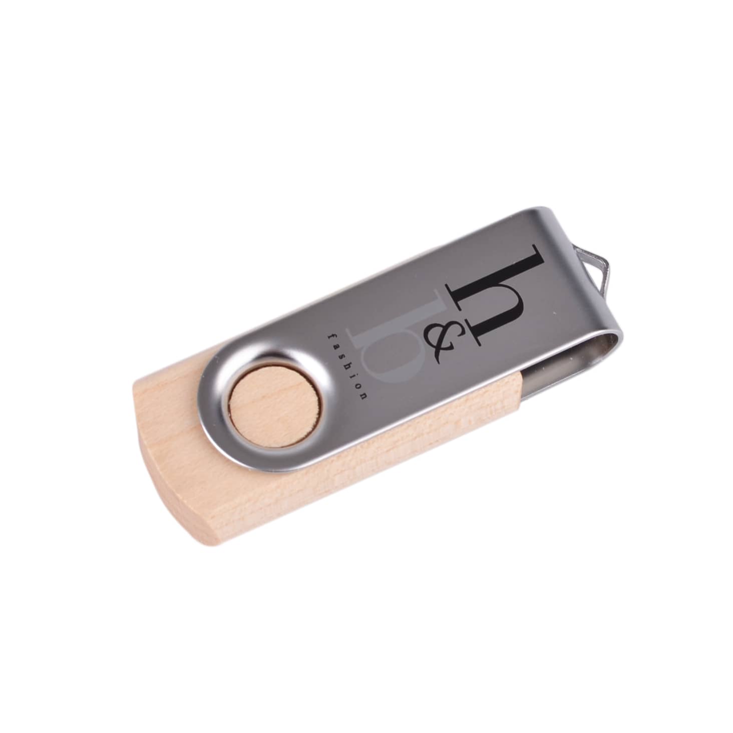 A metal swivel flash drive with a wooden base, featuring a circular cutout and a branding logo on the metallic surface.