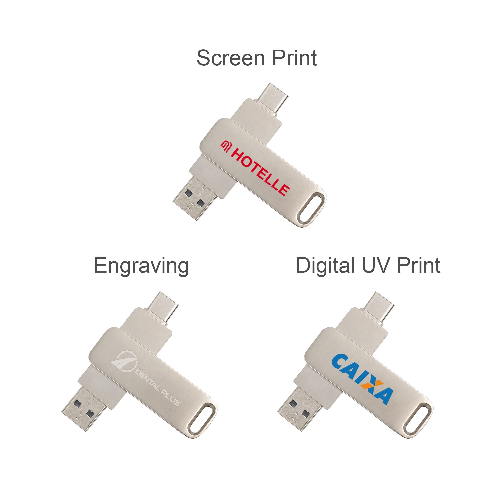 A Double-end Swivel Type C Flash Drive in silver, featuring three print styles and branding on the sides.