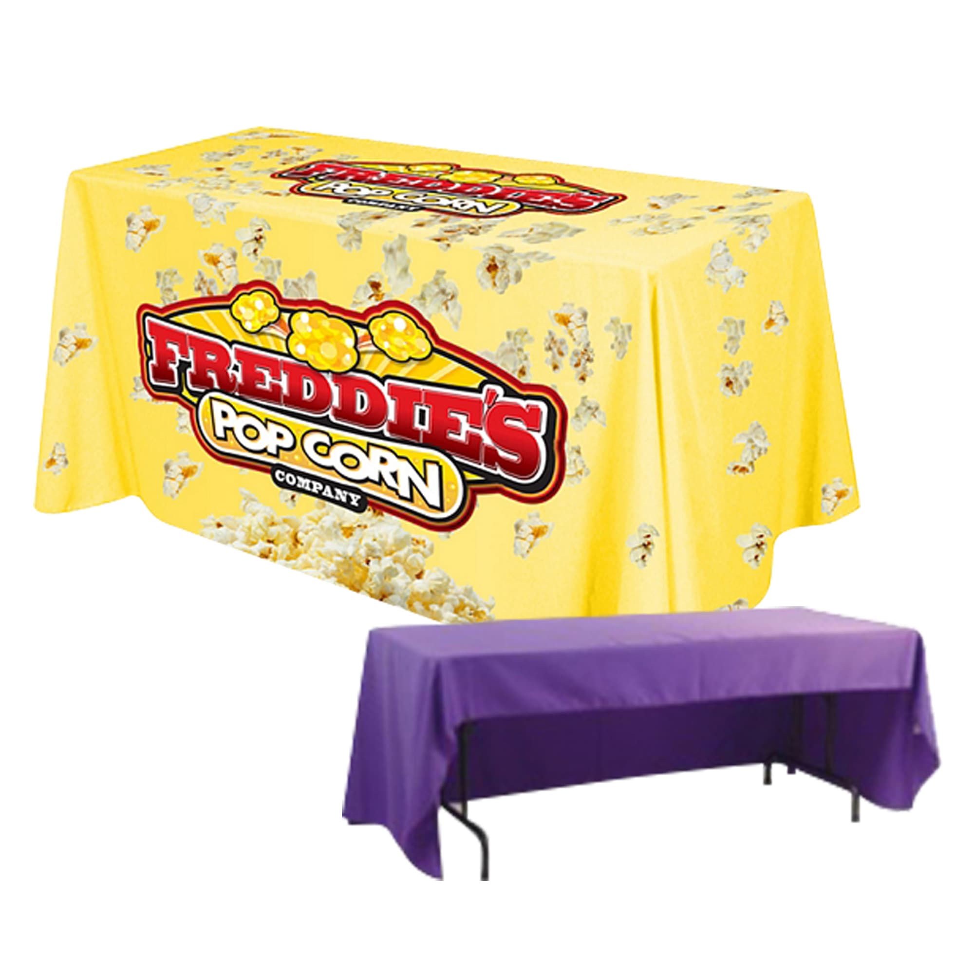 A yellow throw table cloth with a popcorn design and branding, alongside a plain purple table cloth.