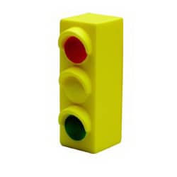A yellow traffic light shape stress reliever featuring red, yellow, and green buttons. It has a logo on one side.
