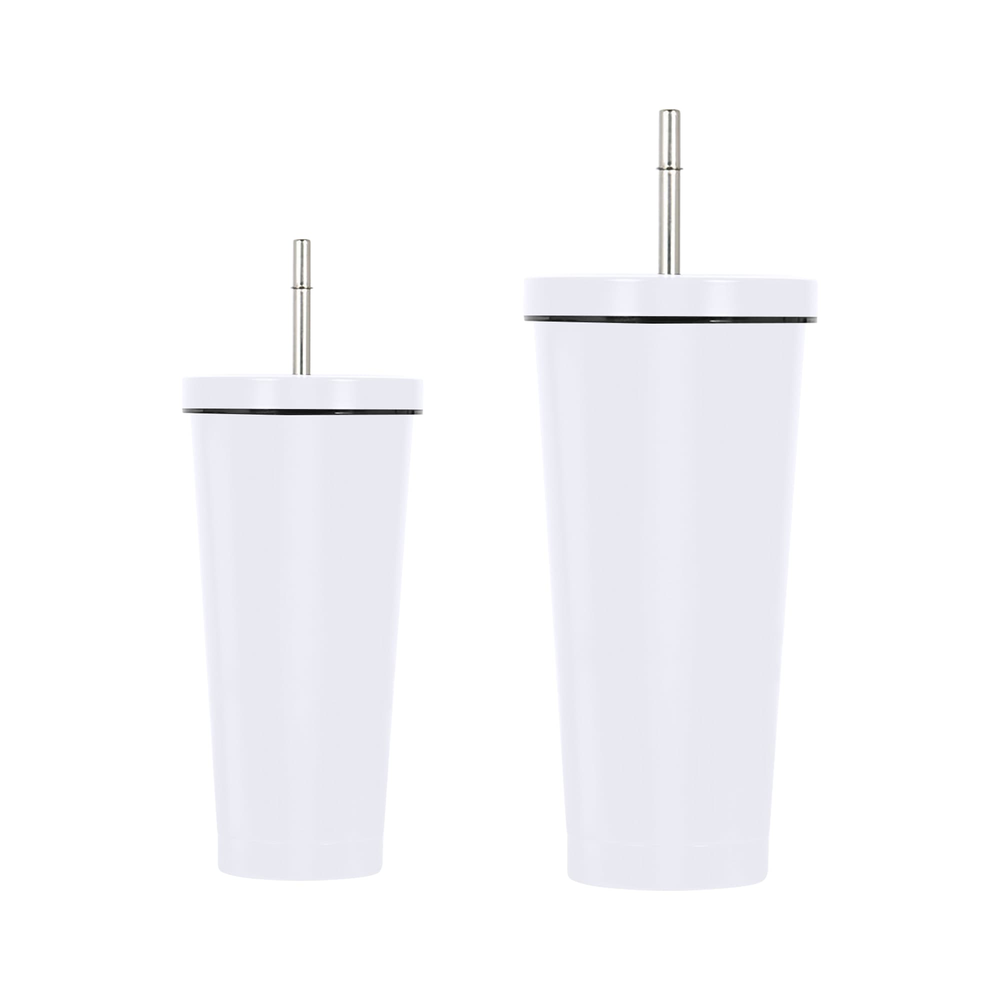 A drink bottle set featuring two white double wall stainless steel tumblers with straws, one larger than the other.