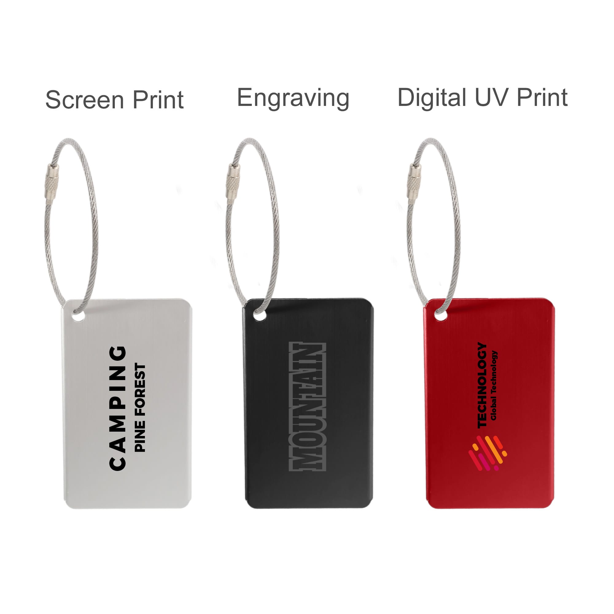 Three luggage tags in various colours: silver, black, and red, each with different printing styles and a metal loop.