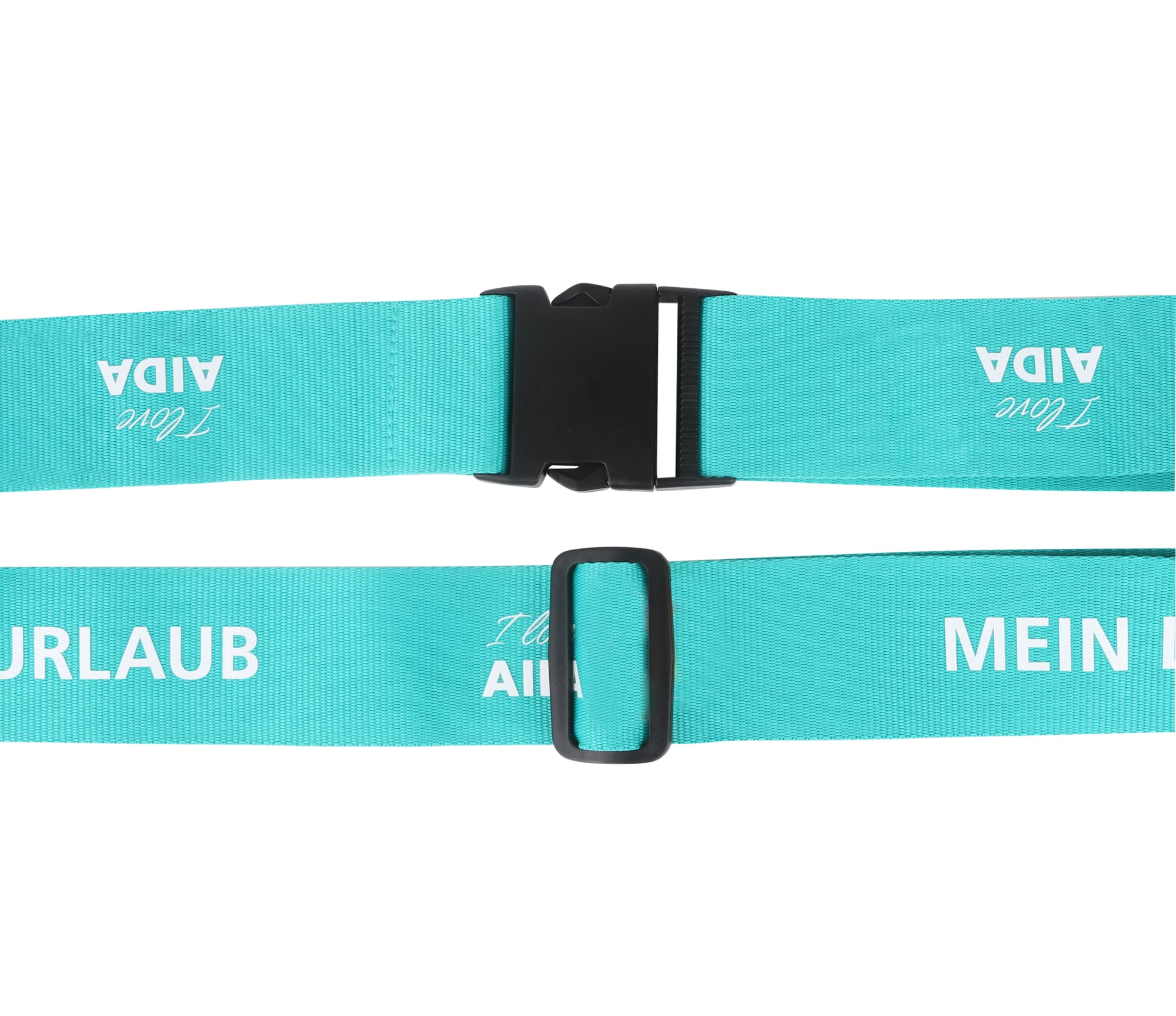A turquoise ribbed luggage belt with black buckles and a logo on the strap.
