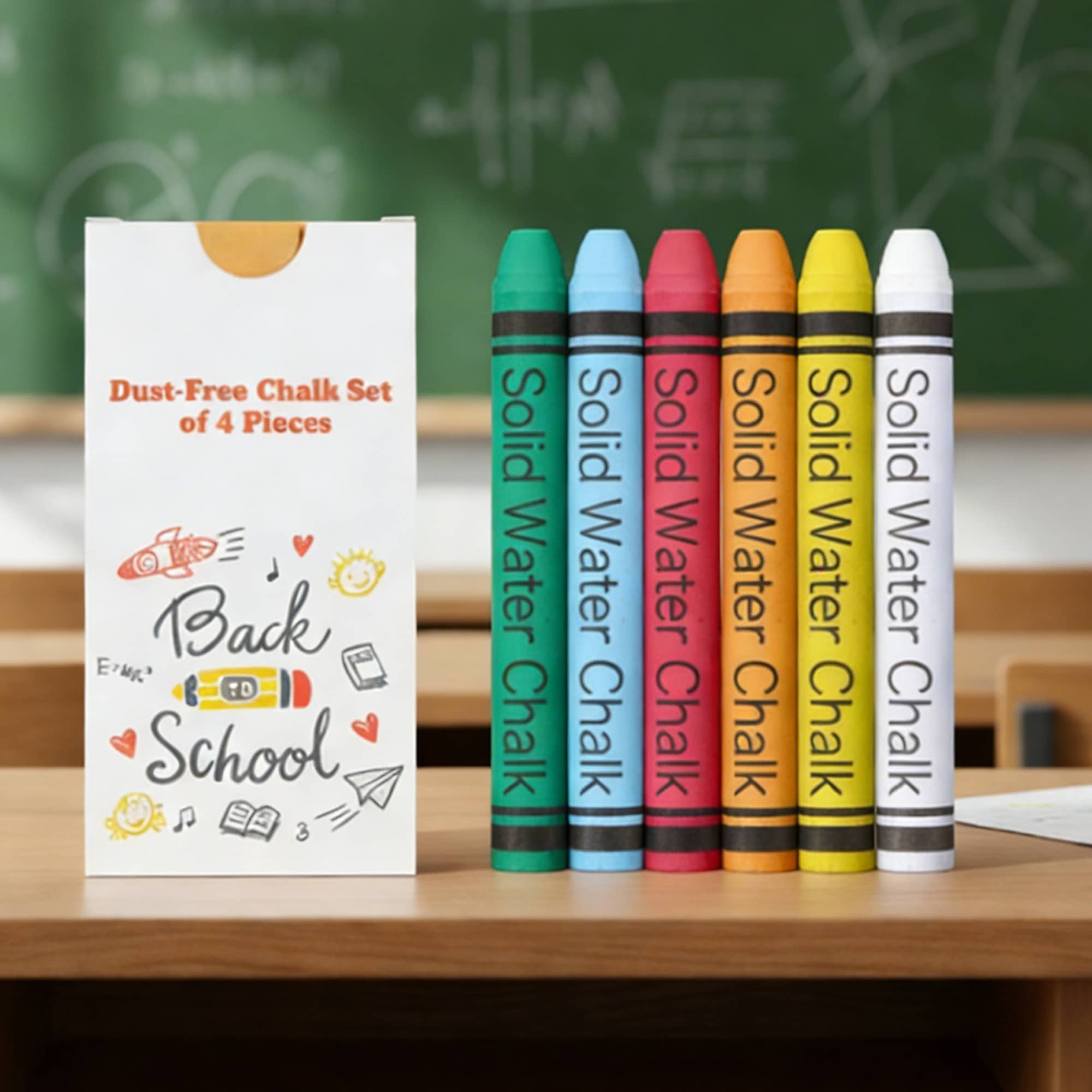 A set of four dust-free chalk sticks in green, blue, pink, orange, and yellow, displayed alongside packaging featuring branding.