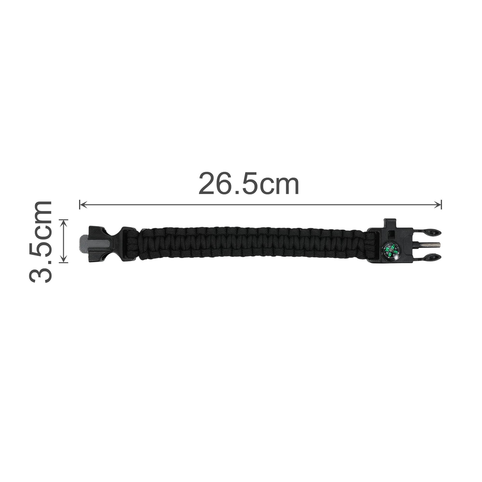 A black survival bracelet measuring 26.5 cm in length and 3.5 cm in width, featuring a logo.