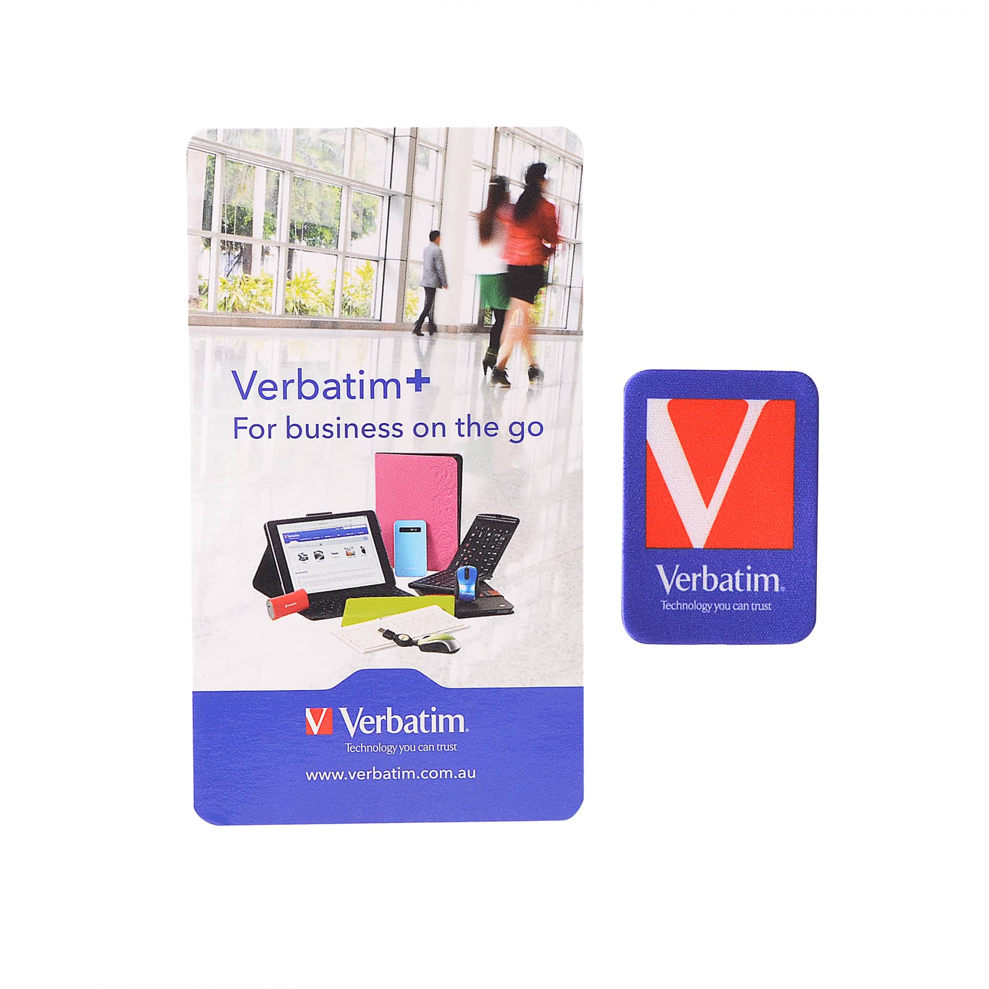 A promotional image featuring a cleaning cloth in blue, along with a display card and various tech devices.