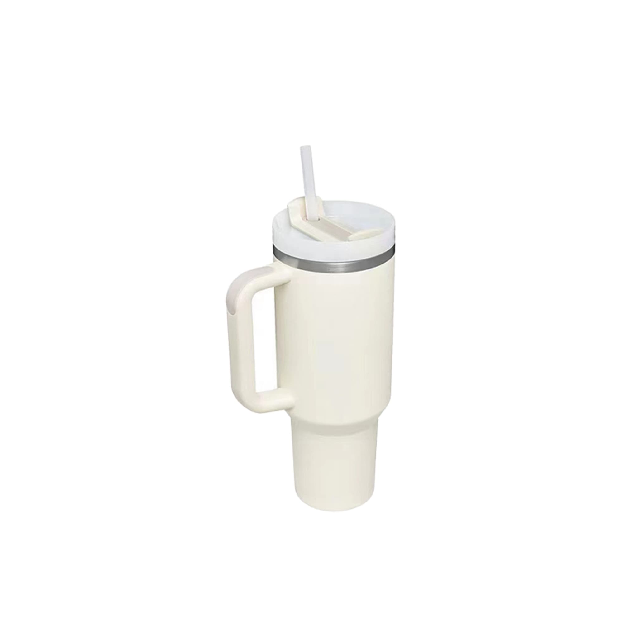 A drink bottle in white stainless steel with a lid, straw, and a handle. It includes a logo on the surface.