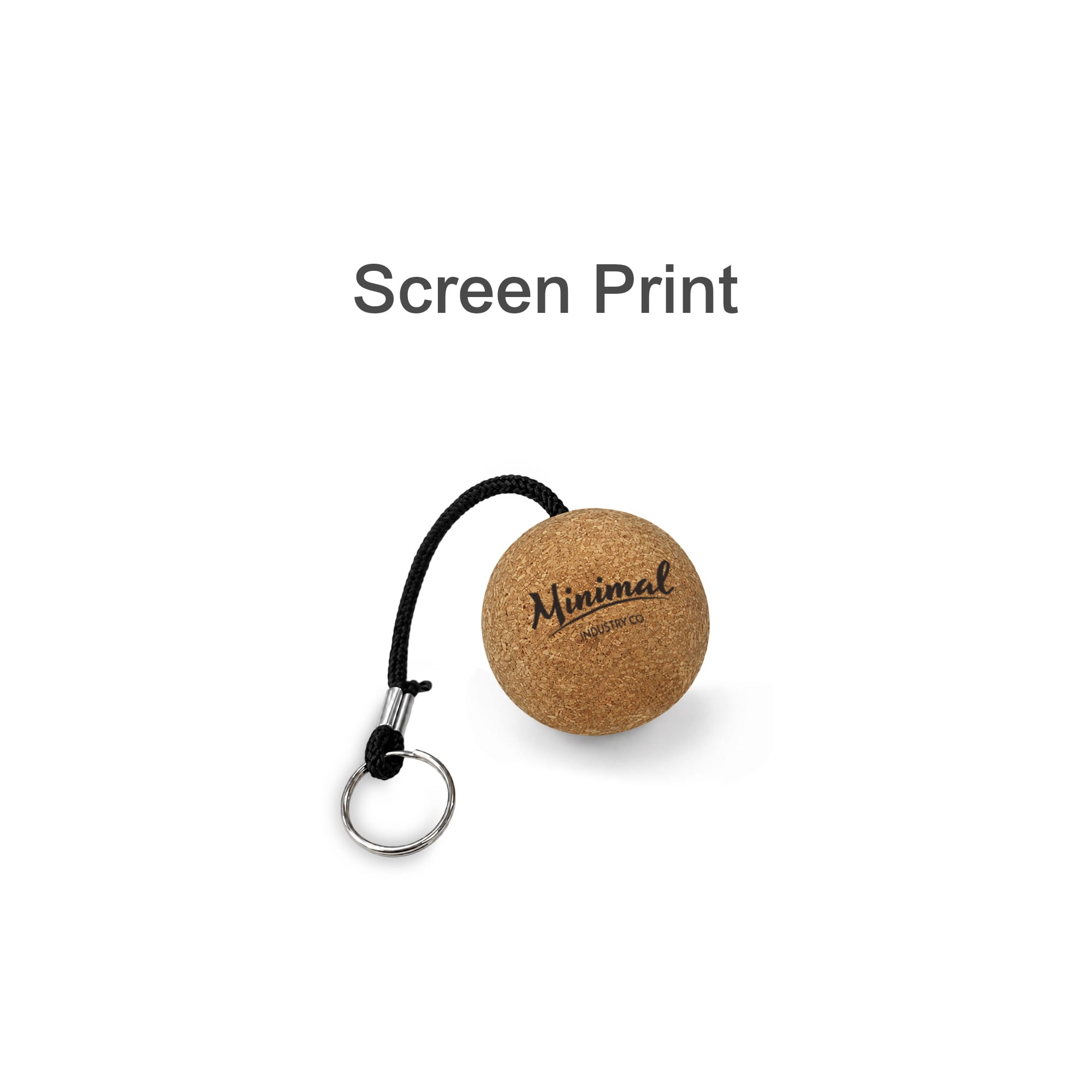 A cork keyring featuring a round design with a black attachment strap and a logo. The keyring has a natural cork finish.