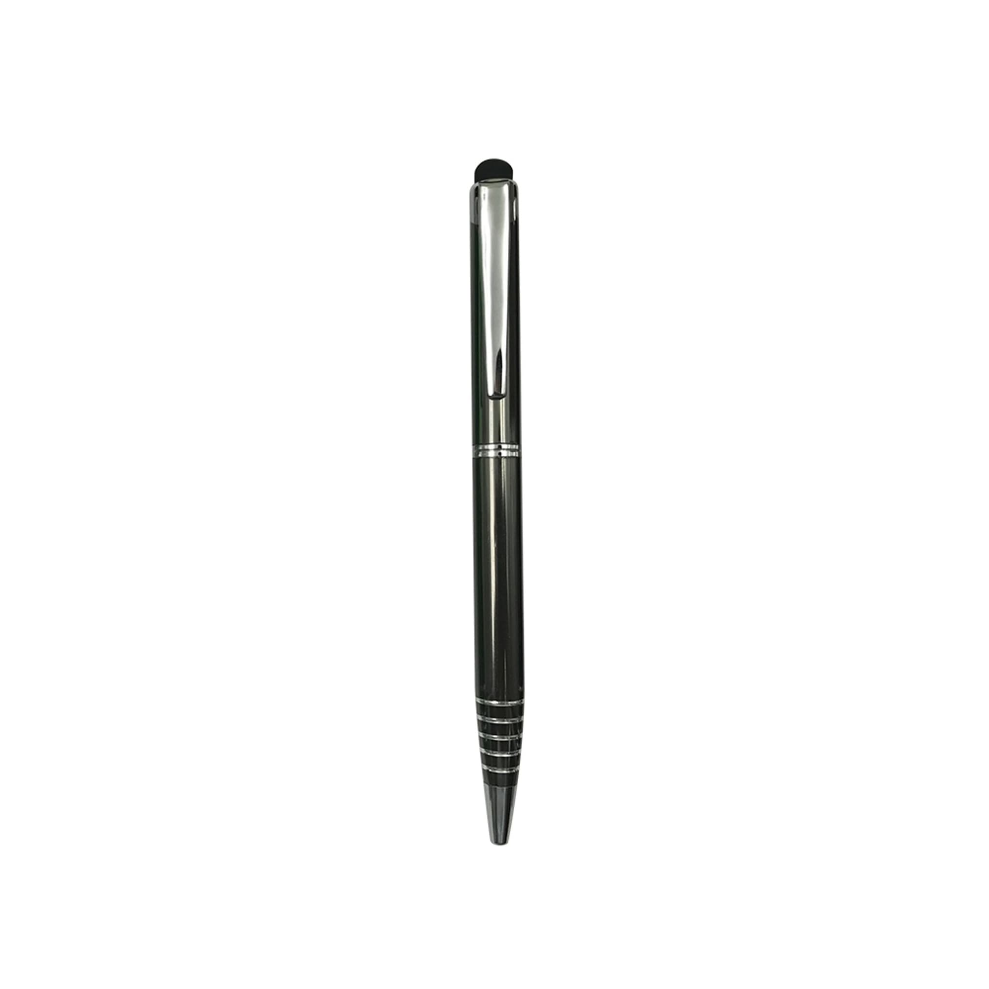 A sleek black aluminium ball pen with a stylus tip and a decorative band near the top. It features a logo.