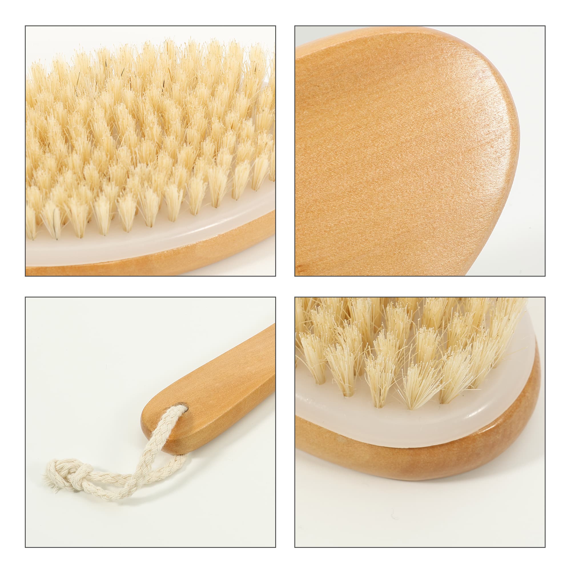 A dry brushing body brush with a wooden handle and natural bristles, featuring a simple design and a hanging rope.