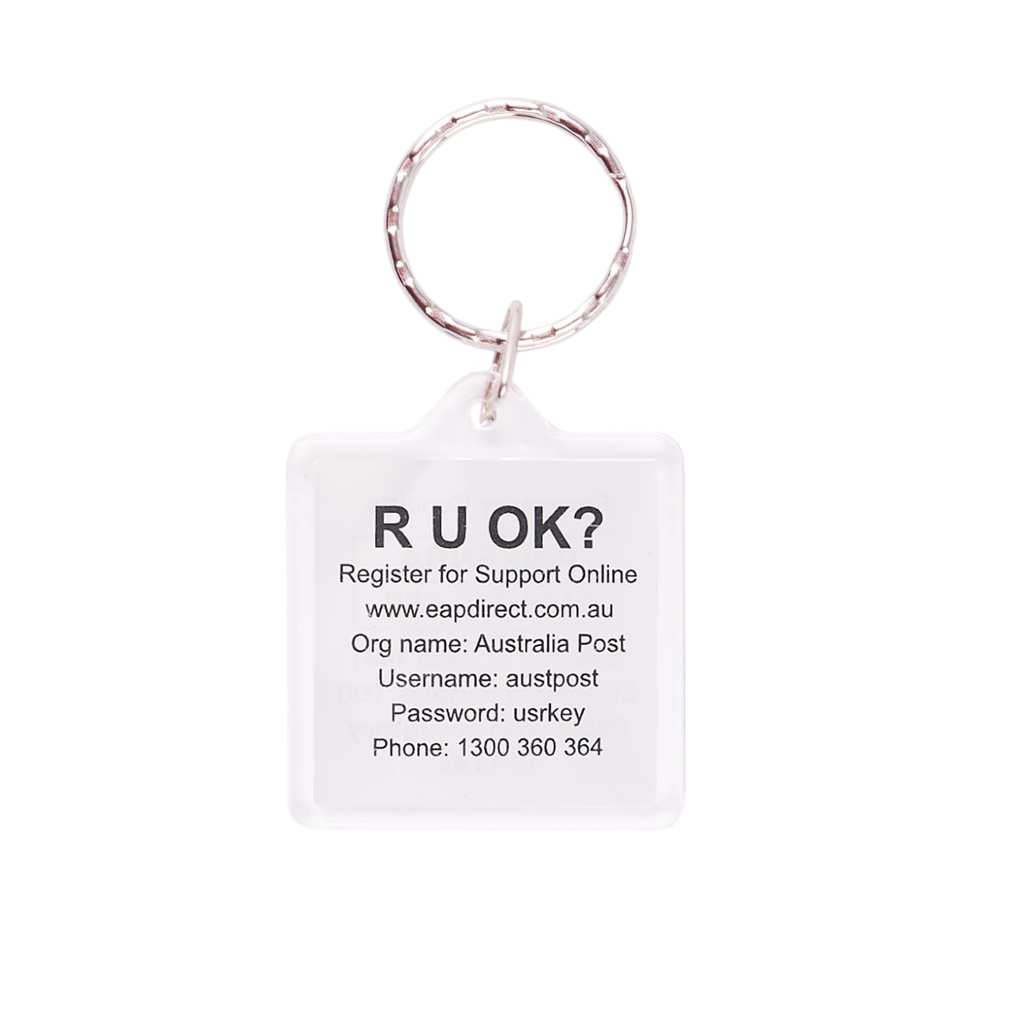 A square acrylic keyring with a clear design and a metal ring, featuring printed text and a logo.