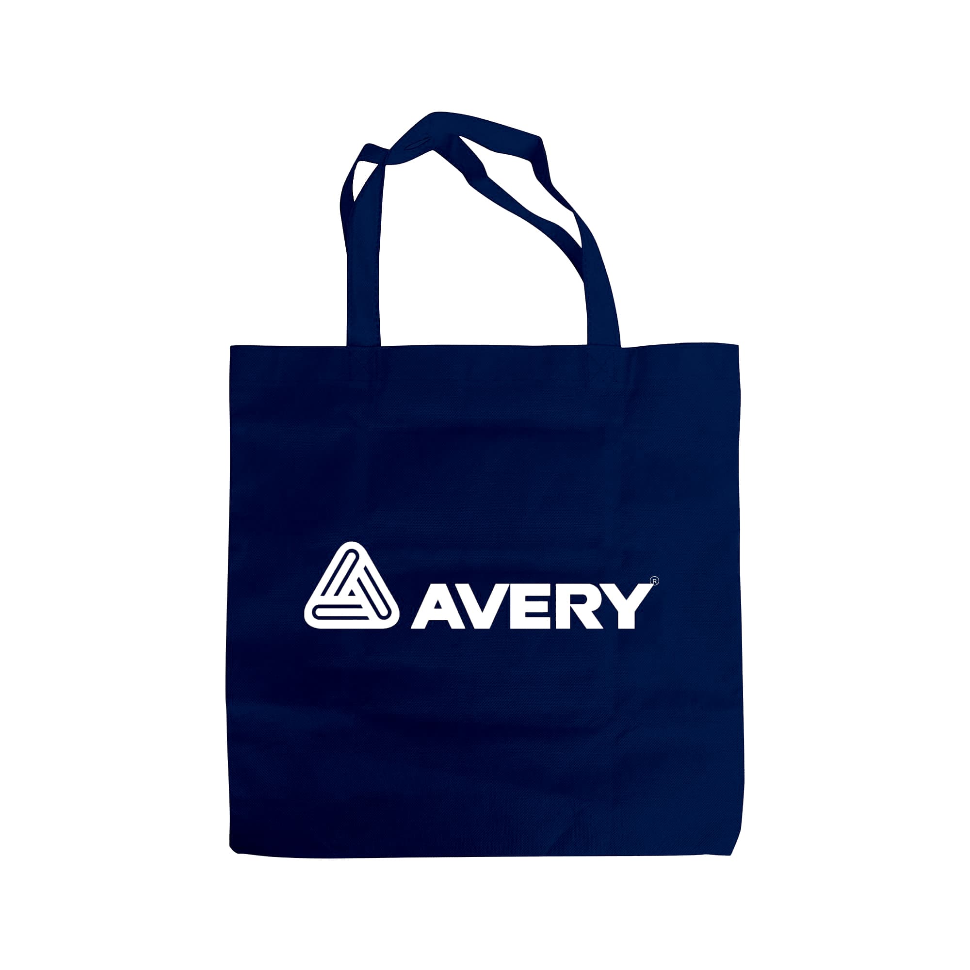 A navy non-woven foldable bag with two handles and a logo on the front.
