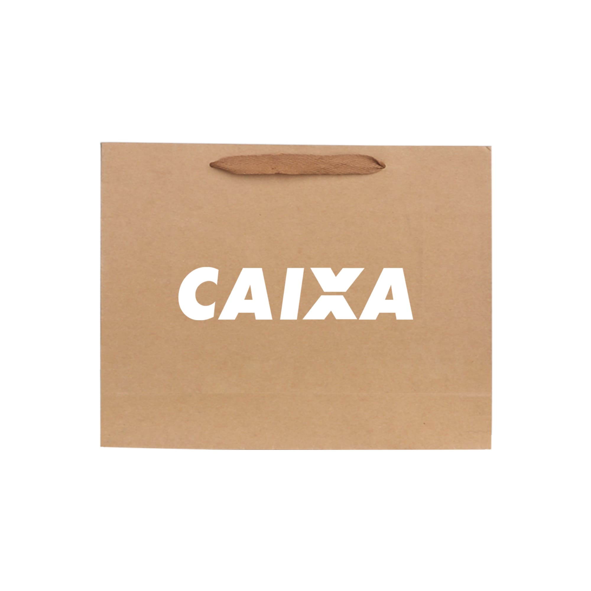 A large brown paper bag with fabric flat handles and a logo on the front.