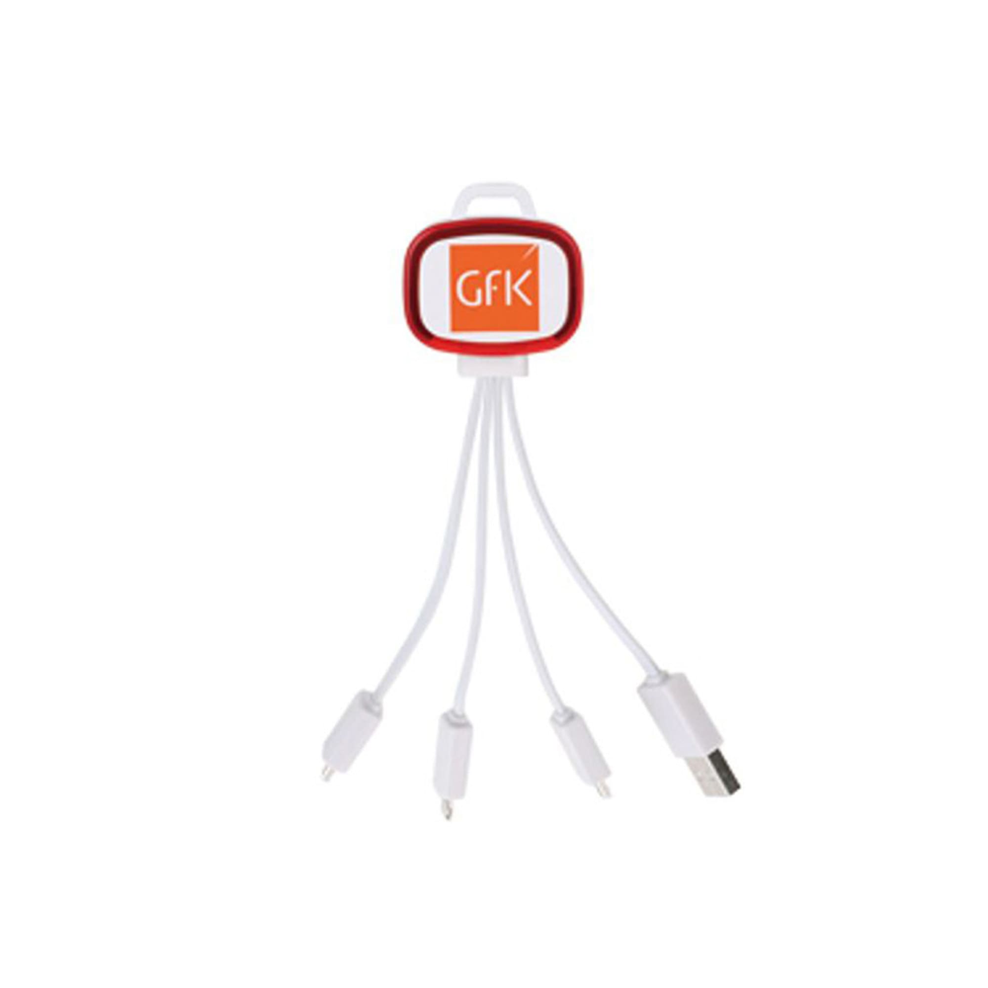 A white LED charging cable with multiple connectors, featuring a red accent and a logo.