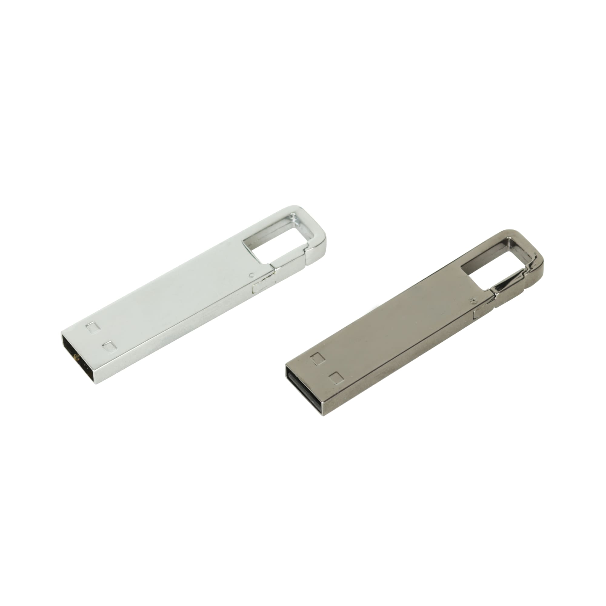 A set of two metallic flash drives in silver and grey, featuring a sleek design and attached loops.