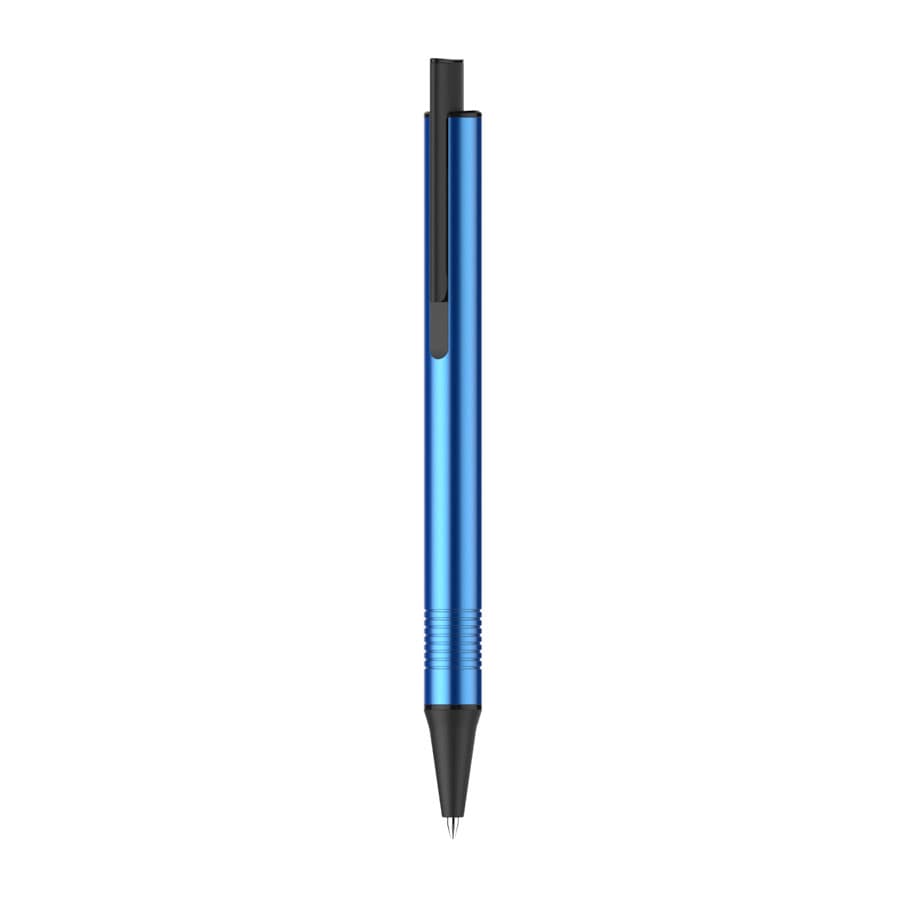 A blue pen with a sleek design and a black tip, featuring a clip and textured grip. It has branding on the body.