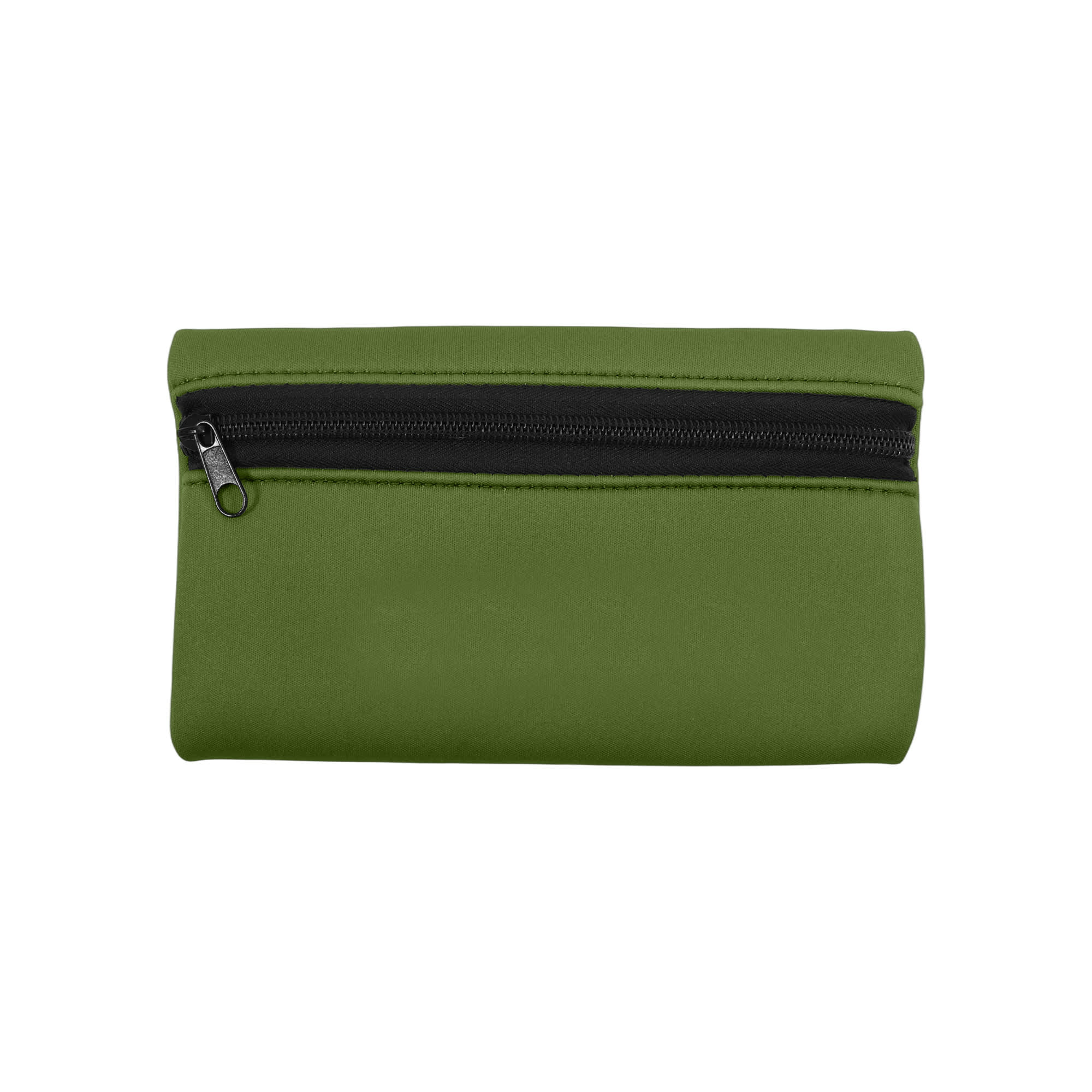 A small, olive green neoprene pencil pouch with a zip closure and black zipper. It features a branding logo.