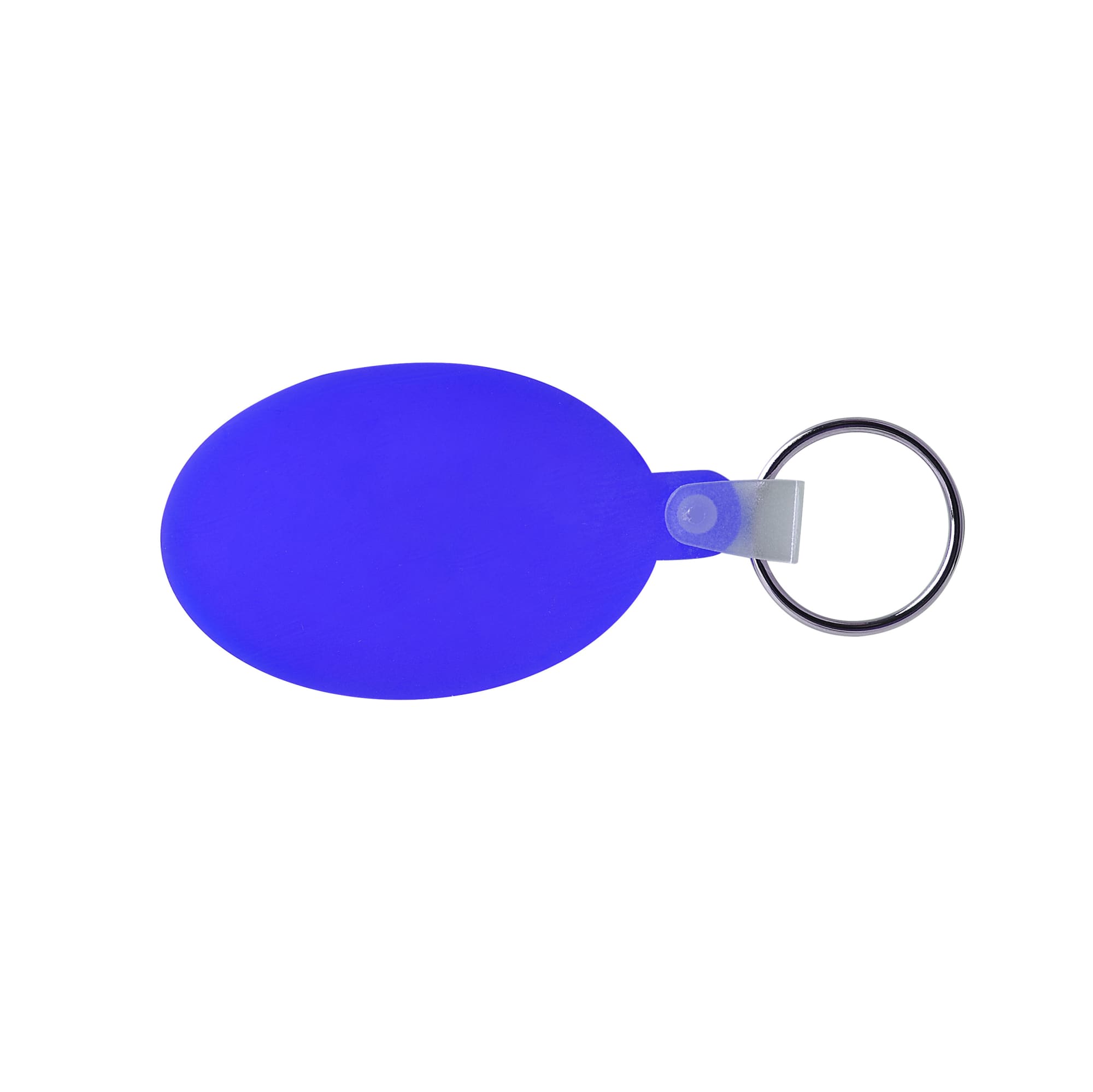 A purple oval keyring with a metal ring attachment, featuring a smooth, soft surface.