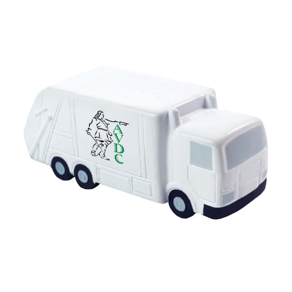 A white garbage truck-shaped stress reliever with a logo on the side. Ideal for fun and relaxation.