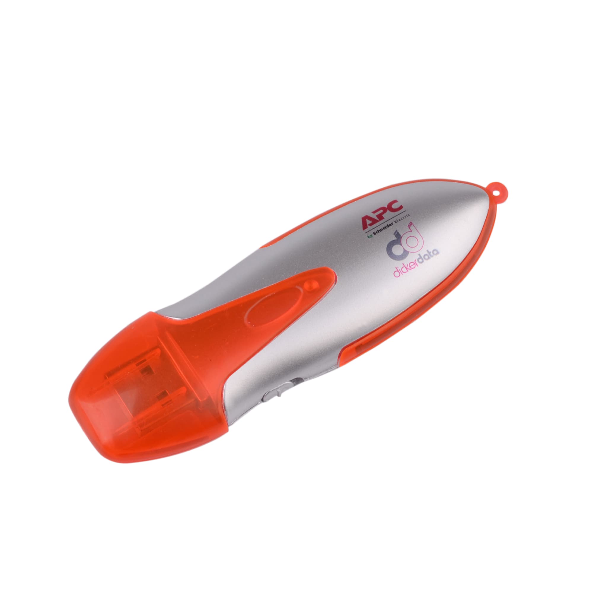 A silver and orange flash drive with a logo and a curved design, featuring a transparent cap.