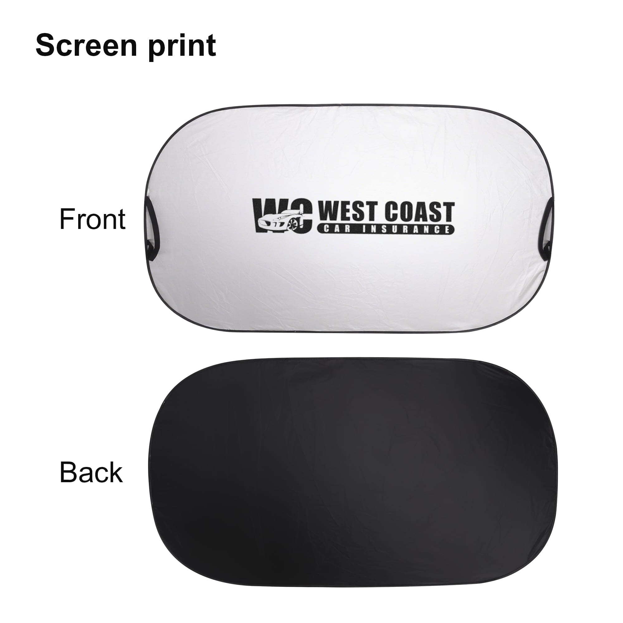 A car shade featuring a white front with a logo and a black back. The shape is oval.