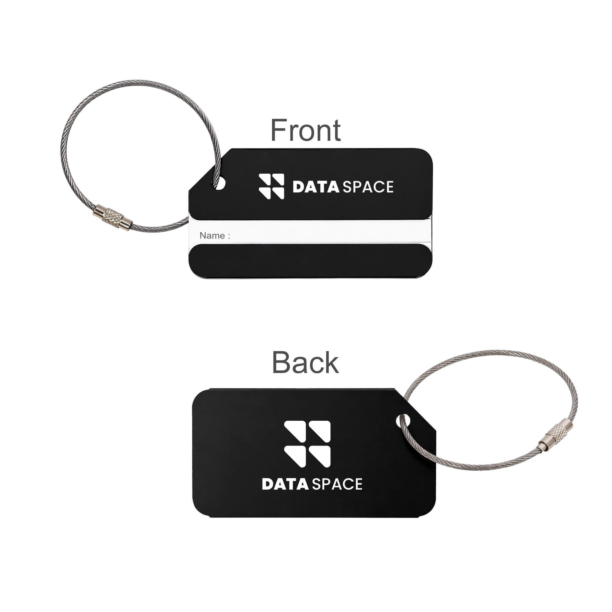 A square aluminium luggage tag in black with a silver wire attachment, featuring a logo on both sides.