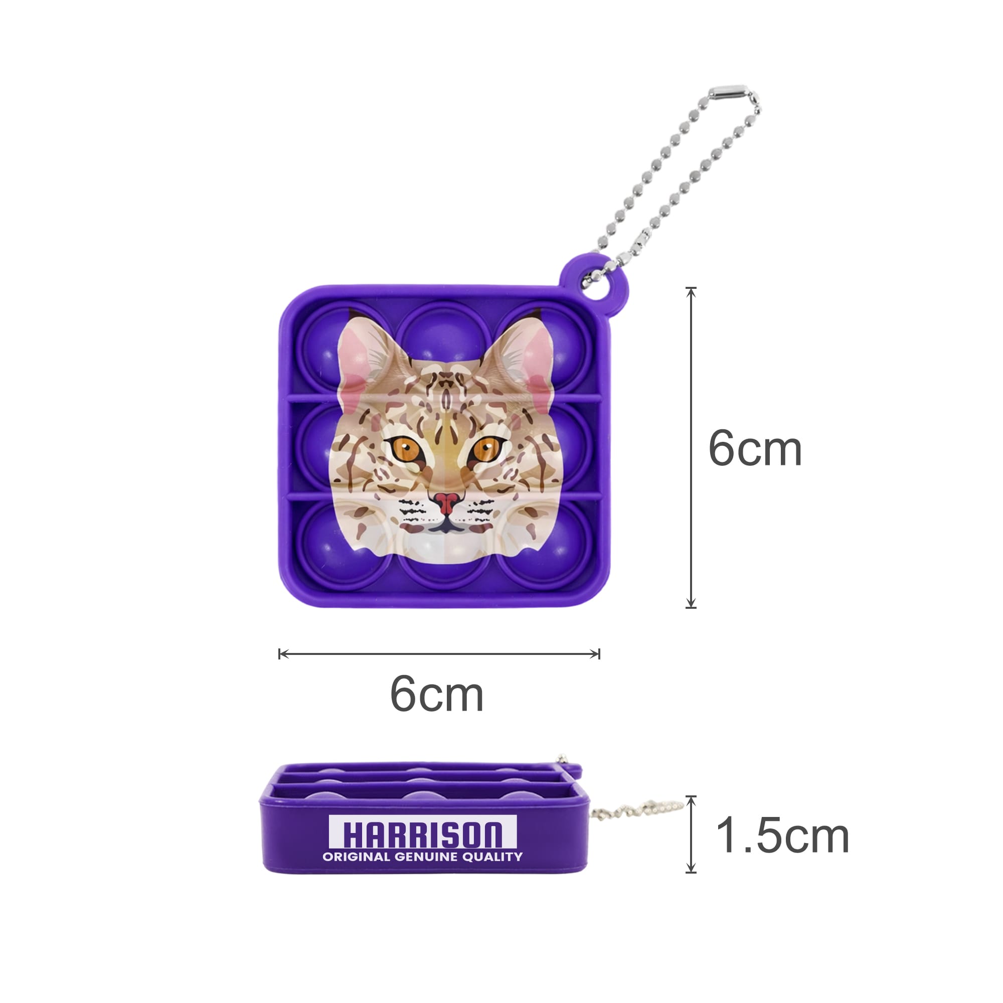 A purple square fidget keychain featuring a cat design, with a chain attachment and dimensions of 6cm by 6cm.