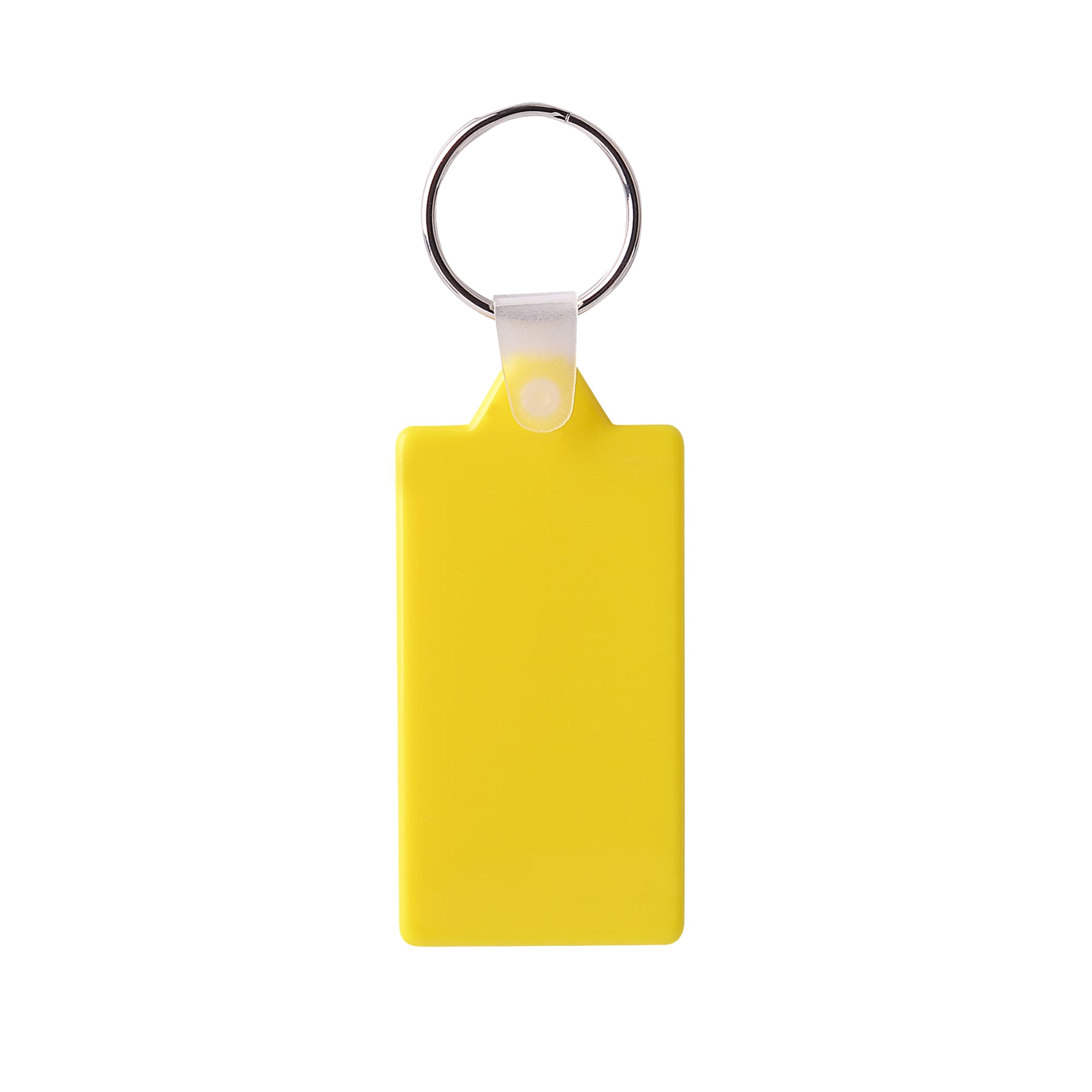 A rectangular hard plastic keyring in bright yellow, featuring a silver keyring attachment.