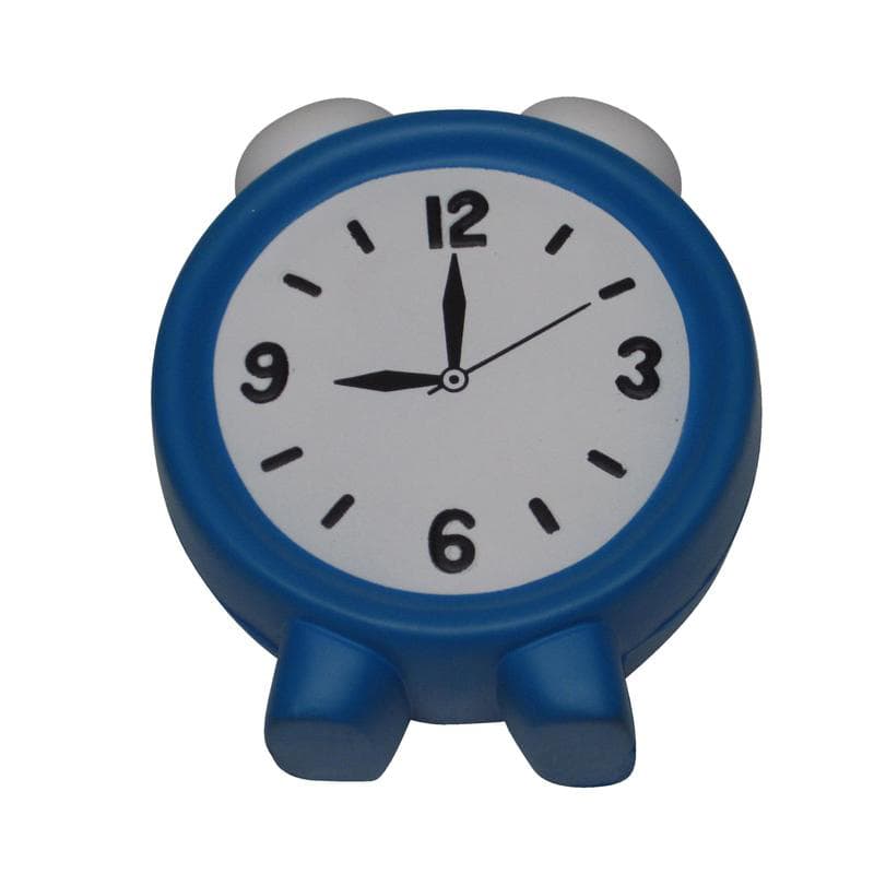 A blue and white alarm clock shaped stress reliever featuring a clock face with numbers and hands, and a logo.