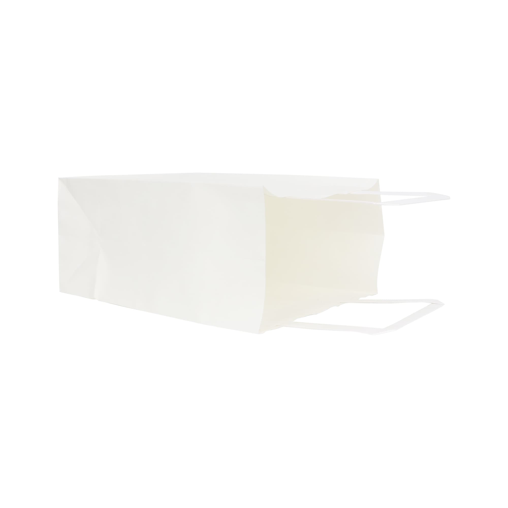 A flat handle kraft paper bag in white, featuring sturdy handles and a spacious interior.