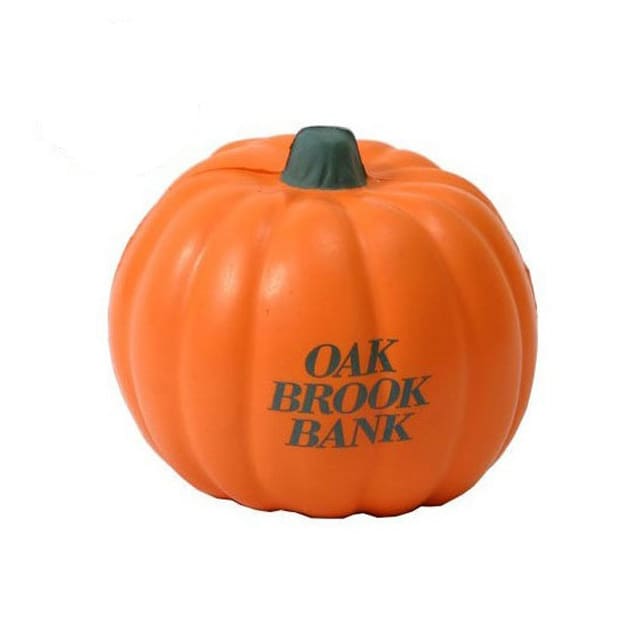 An orange pumpkin-shaped stress reliever with a green stem and a logo on the side.