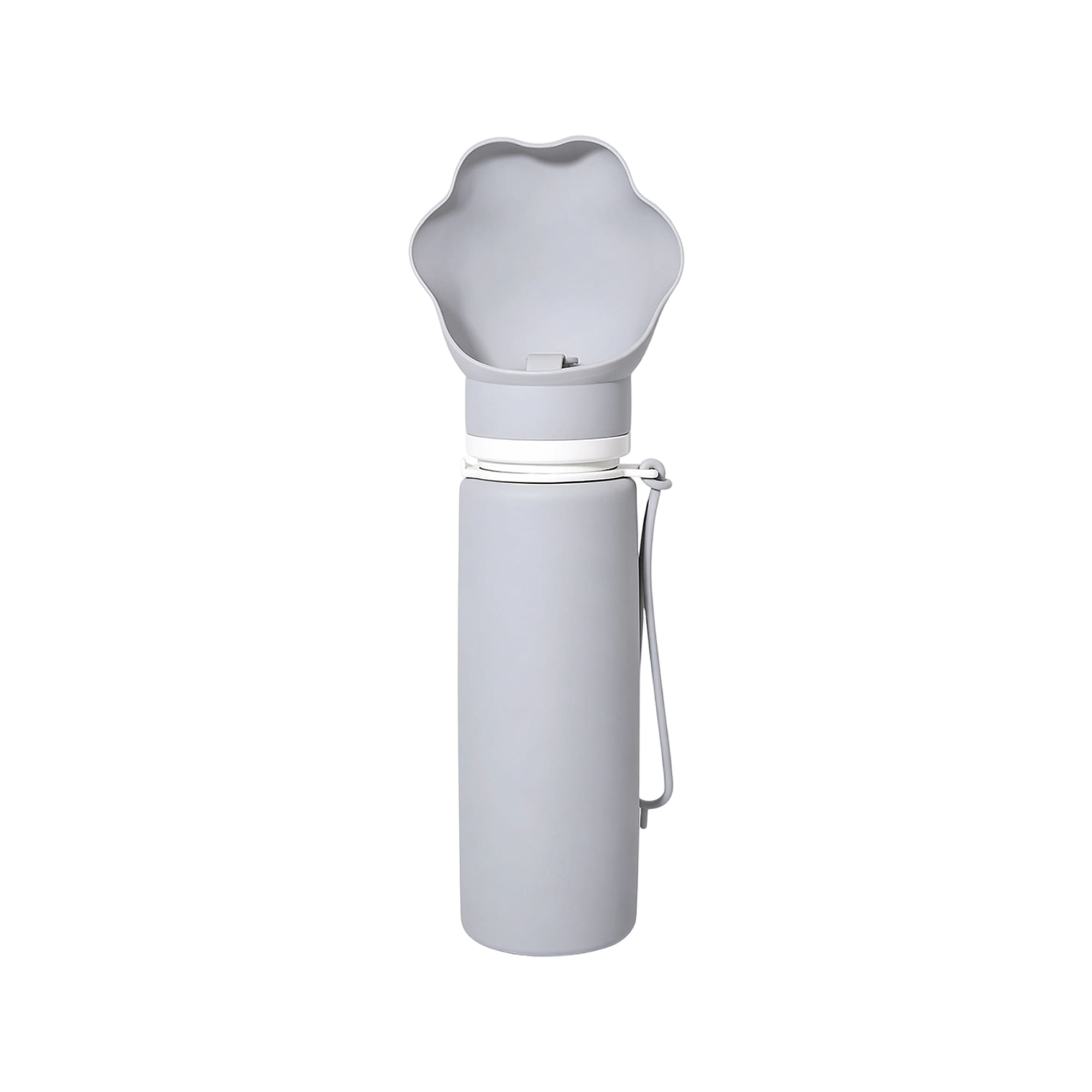 A drink bottle in grey with a collapsible flower-shaped top and a secured handle. It includes a logo on the body.