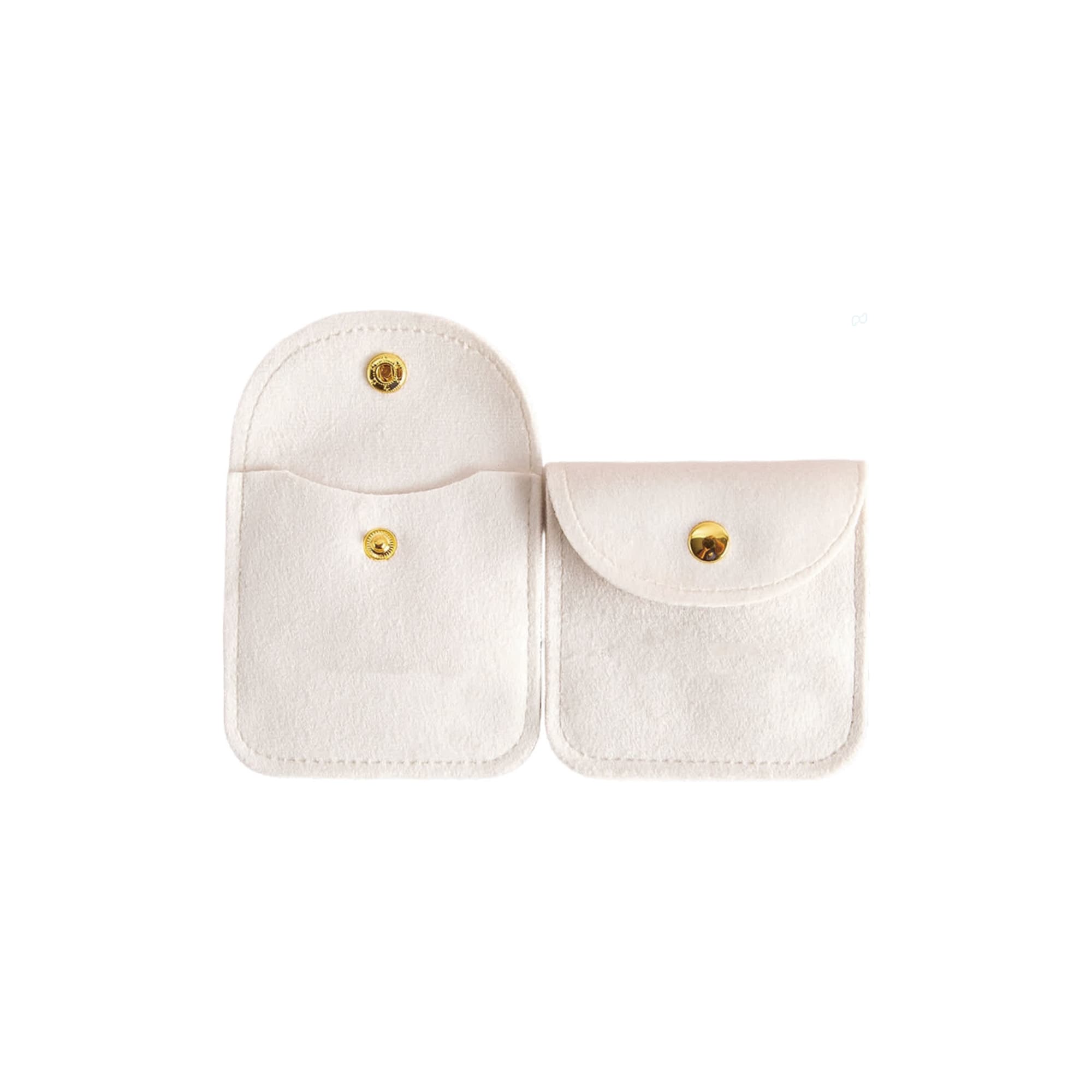 A square velvet jewellery pouch in light cream with a gold button closure and two compartments.