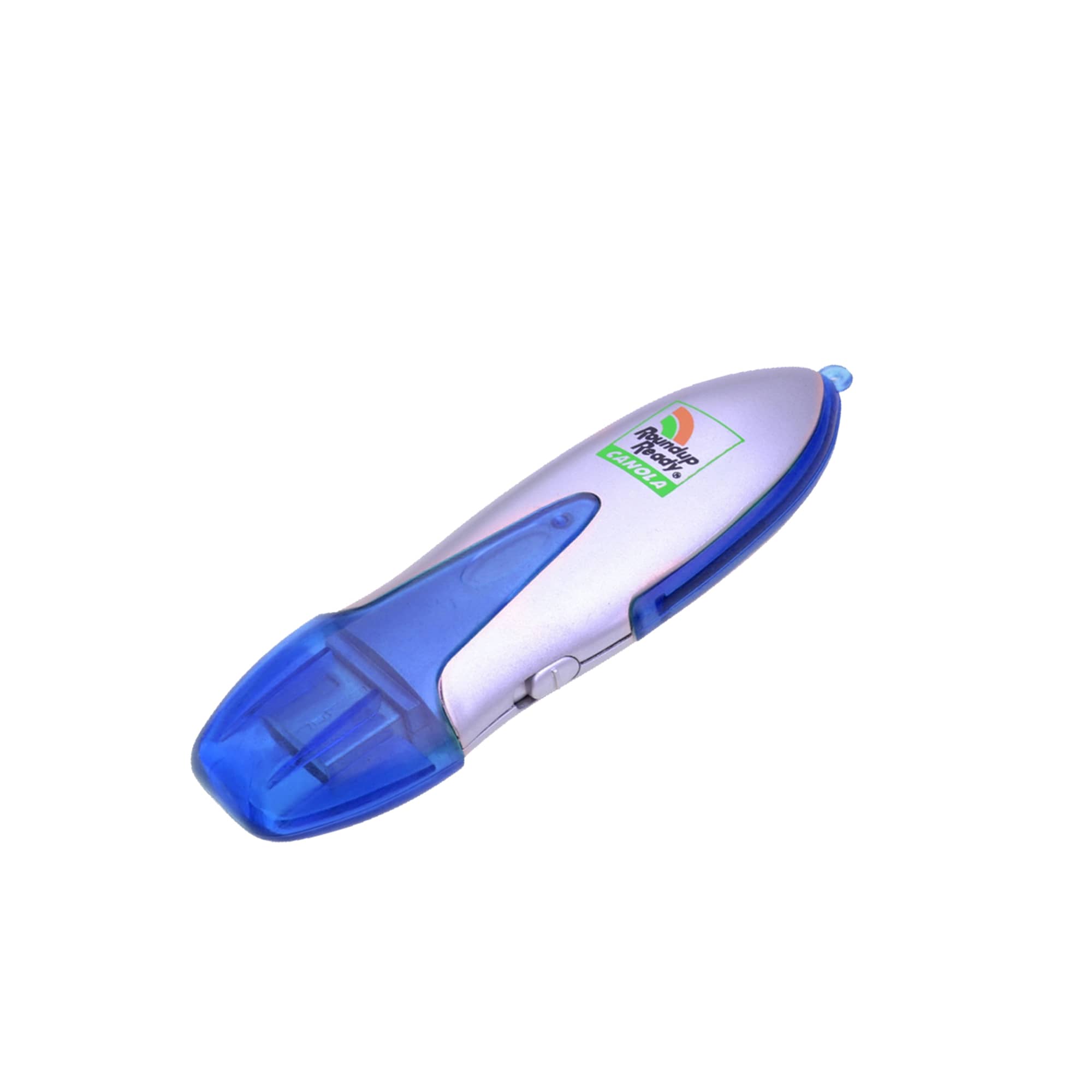 A silver and blue Hummel flash drive with a branding logo and a translucent blue end.