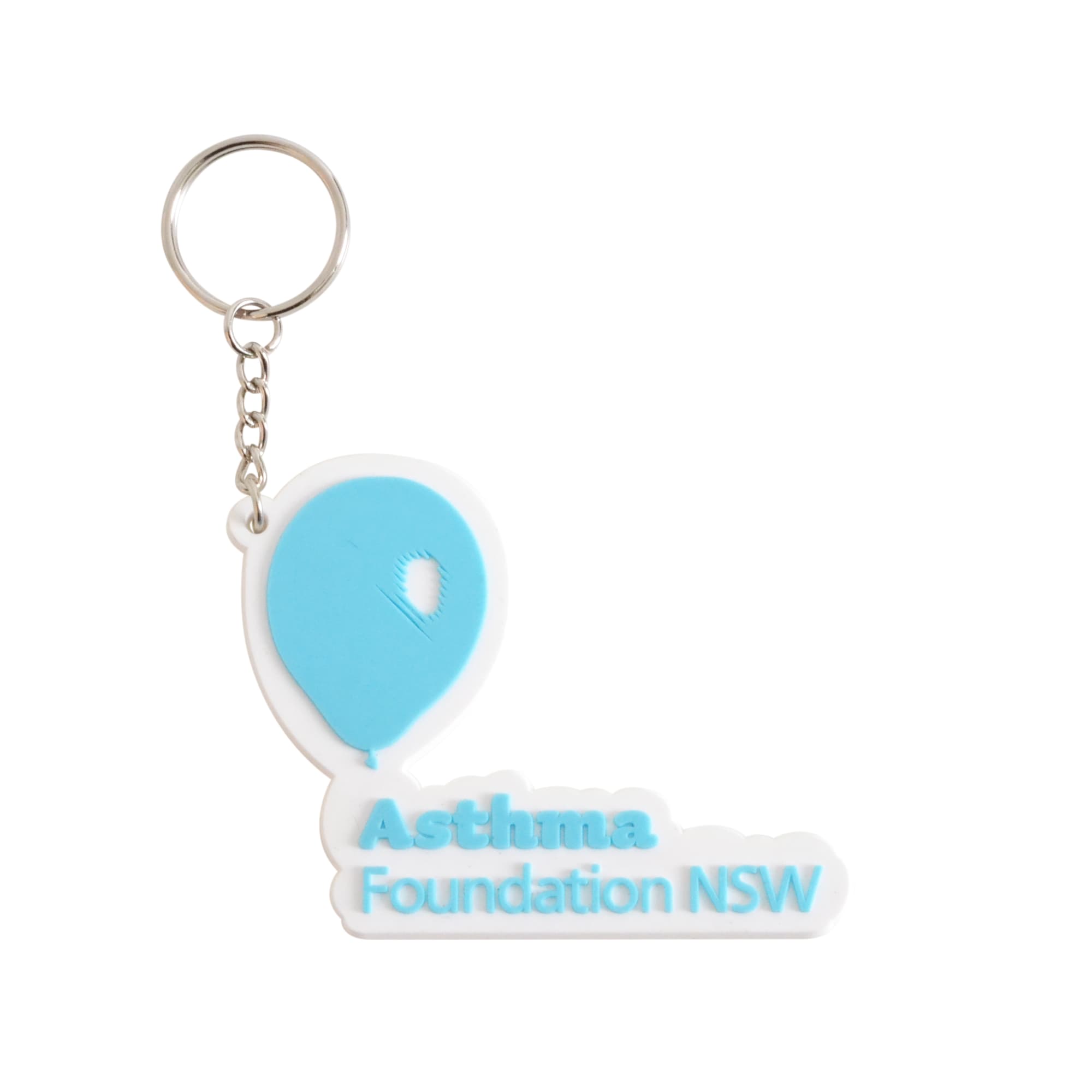 A custom-shaped PVC keyring featuring a blue balloon and text with a white background. It includes a metal keychain attachment.