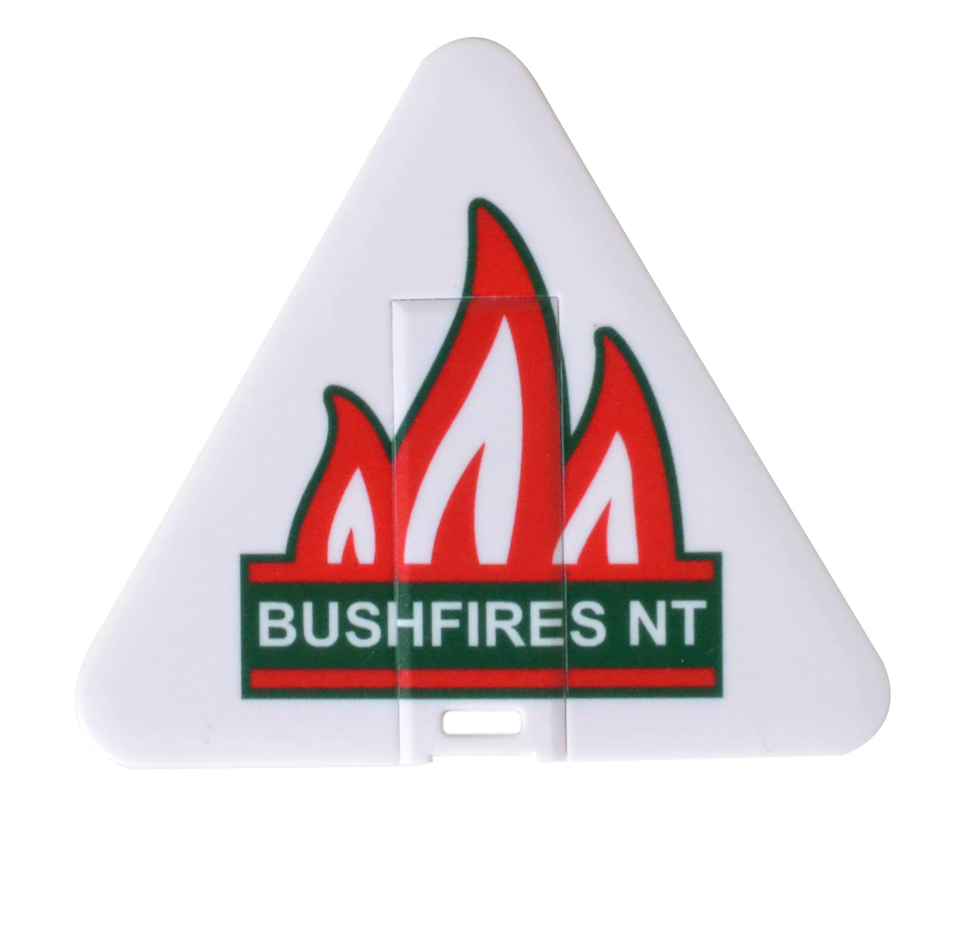 A triangular white flash drive with a red and green logo featuring flames and the text "BUSHFIRES NT."
