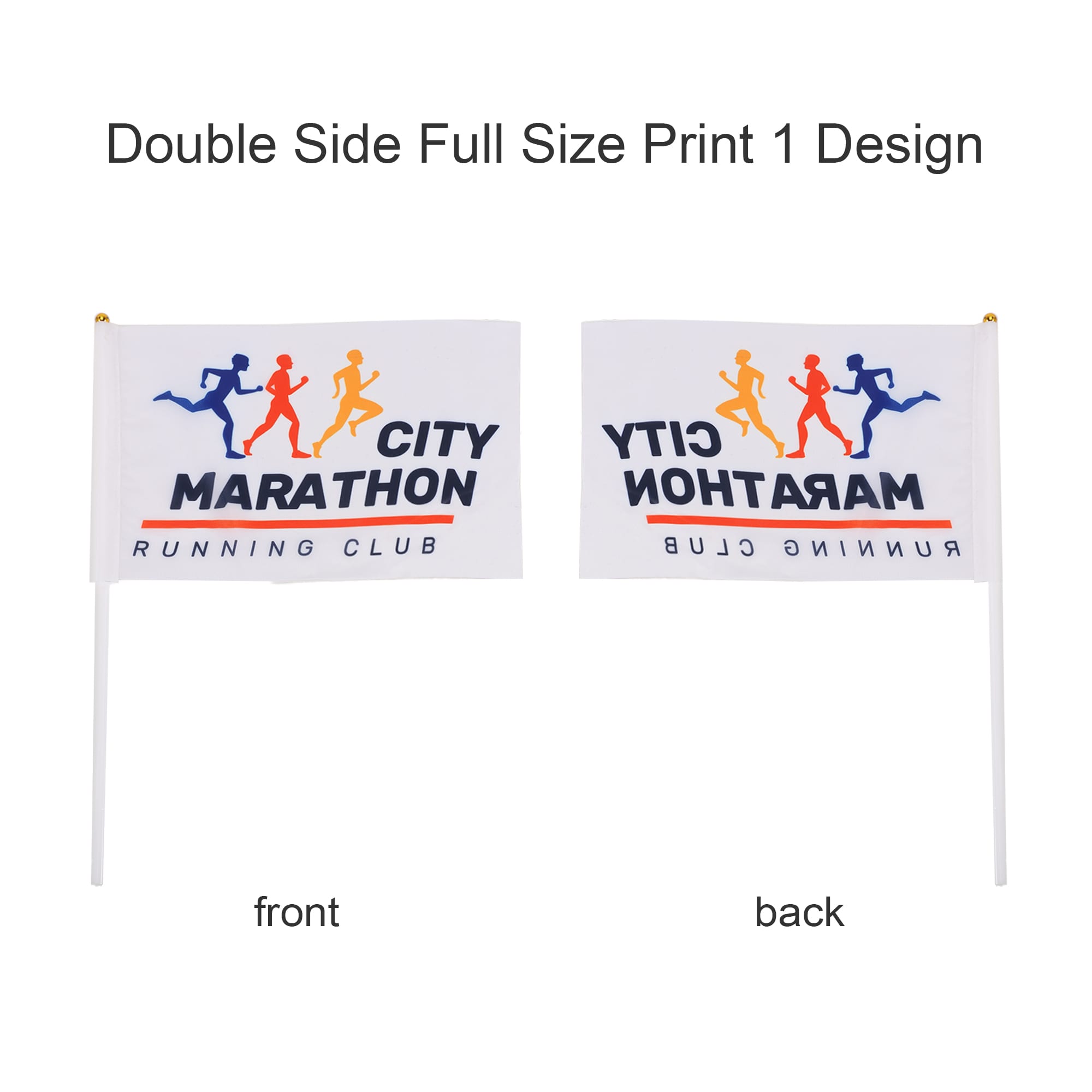 A rectangular cheering flag stick featuring a double-sided design in white, with colourful graphics and a logo.