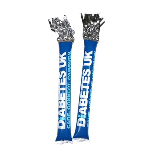 Two blue inflatable bang bang sticks with shiny silver ends and a logo on one side.