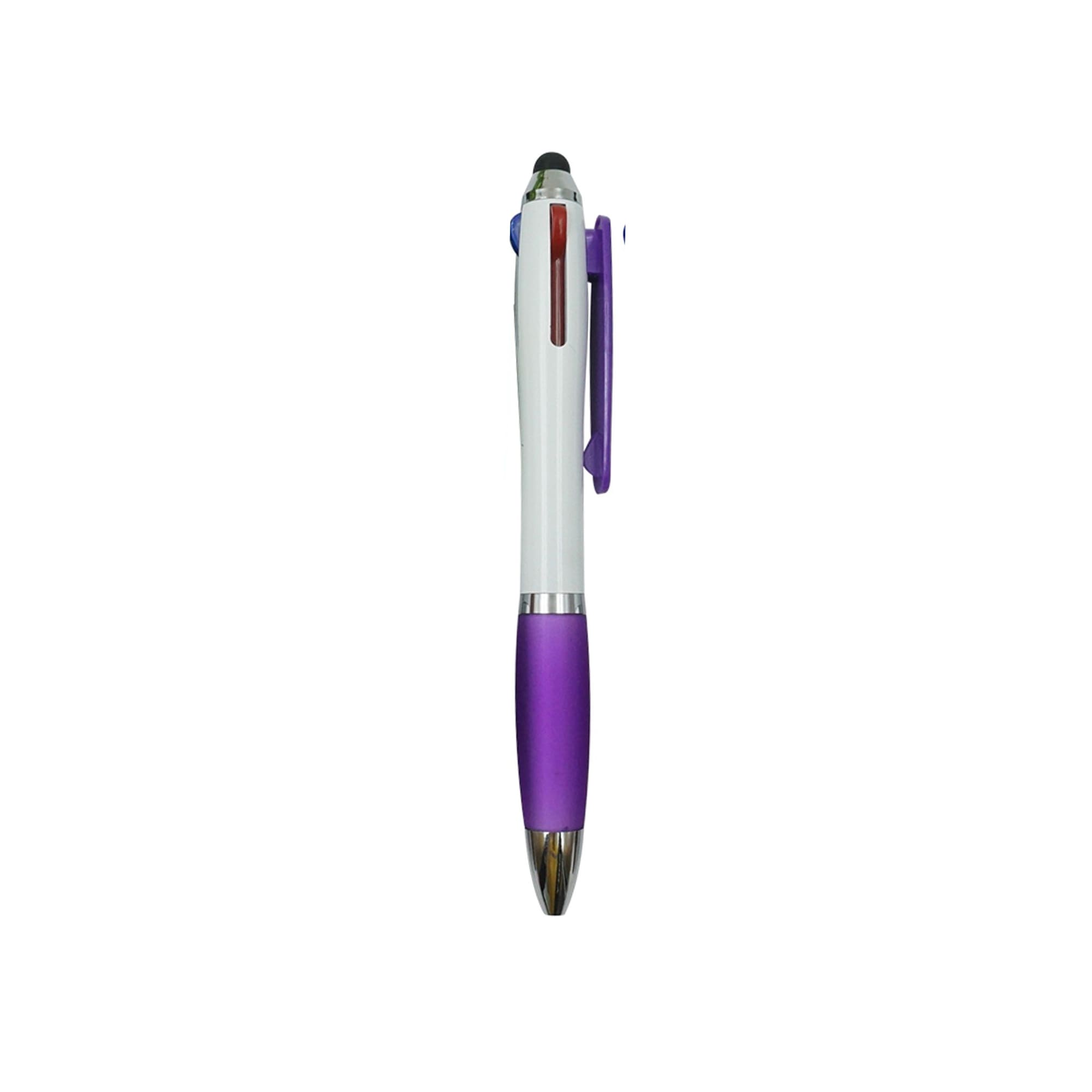 A three-colour ball pen featuring a white body with a purple grip and accents in red and blue, including a branding logo.
