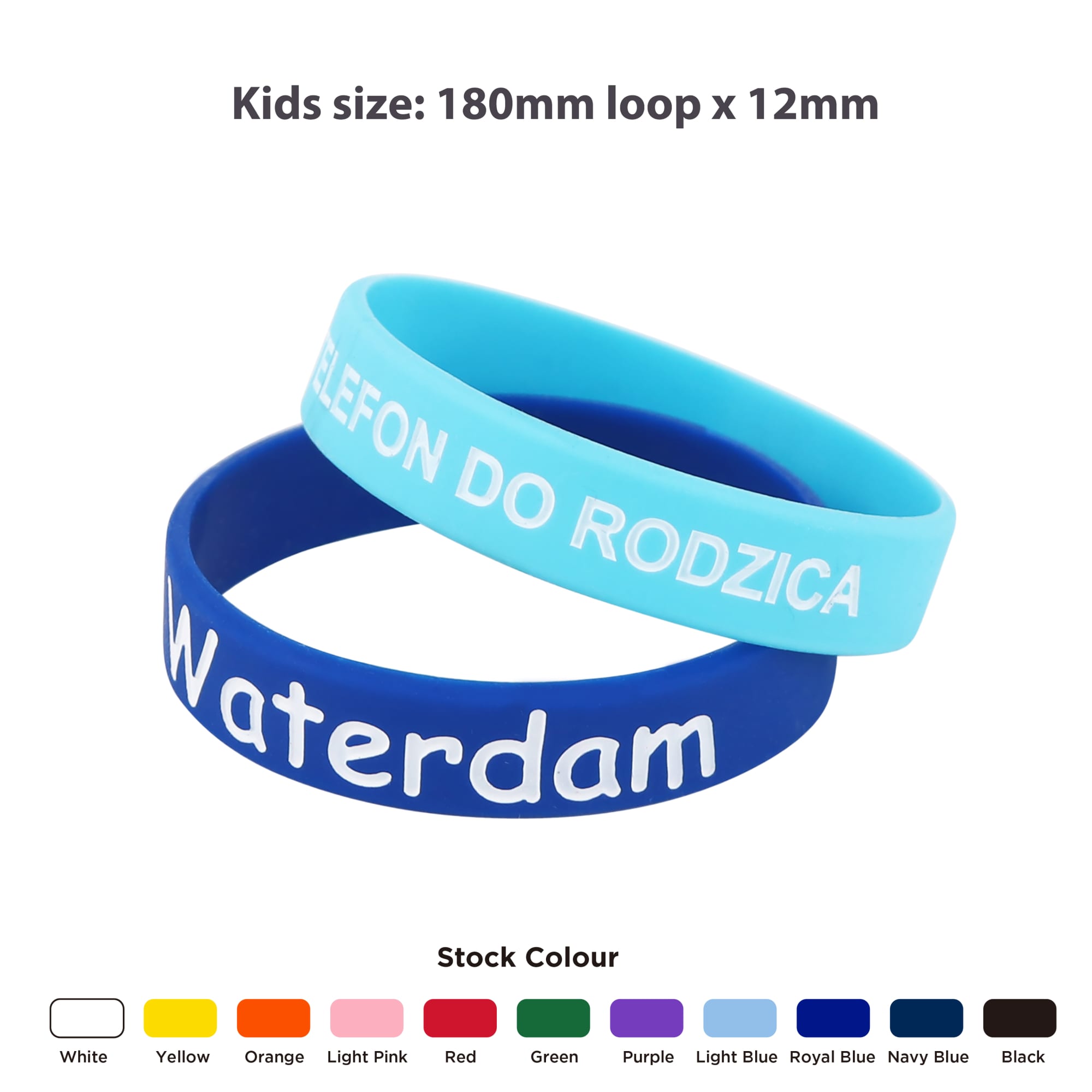 A blue and a light blue debossed silicone wristband, featuring white text. Available in various colours.