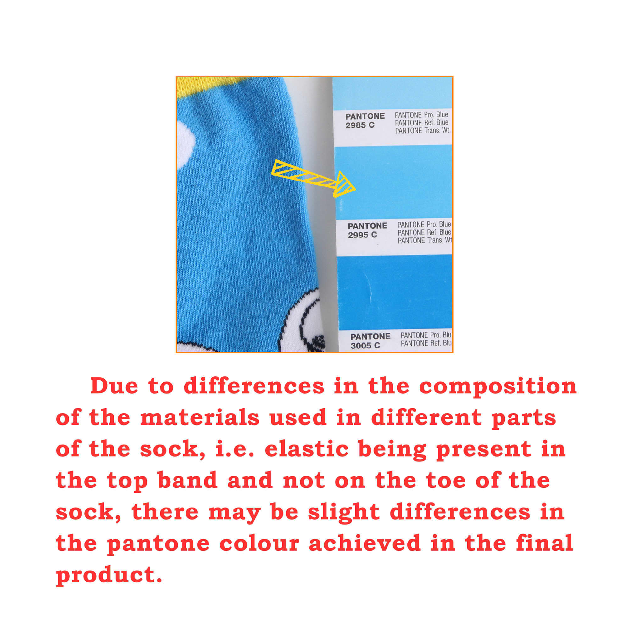 Bright blue woven socks featuring a playful custom pattern, with a label indicating Pantone colours. Includes branding.