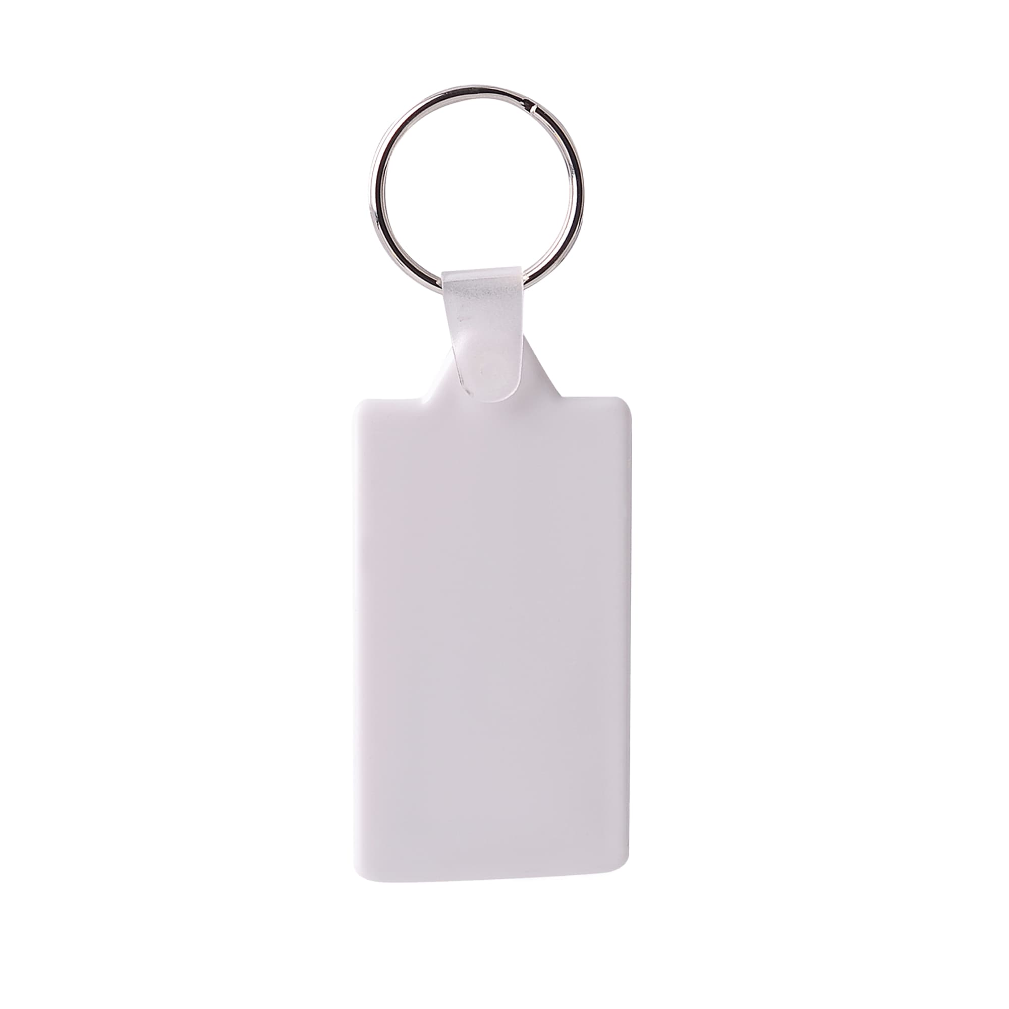 A rectangular hard plastic keyring in white with a metal keyring attachment.