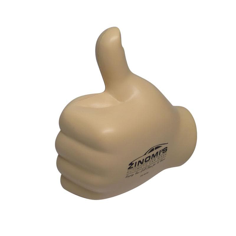 A beige fist shape stress reliever with a thumbs up design and a logo on one side.